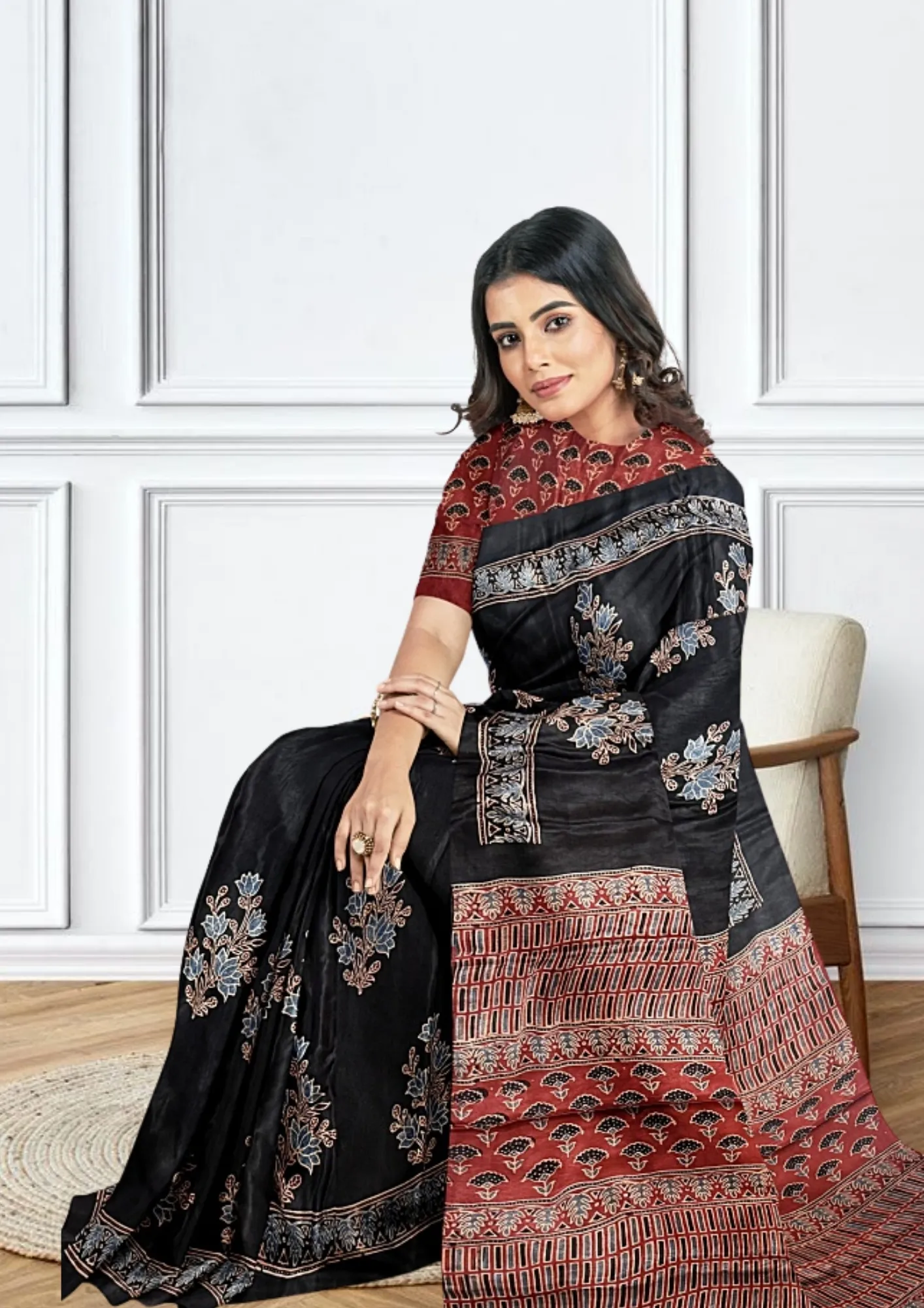 Bold Elegance: Red & Black Handblock Pure Modal Silk Saree - Image 7