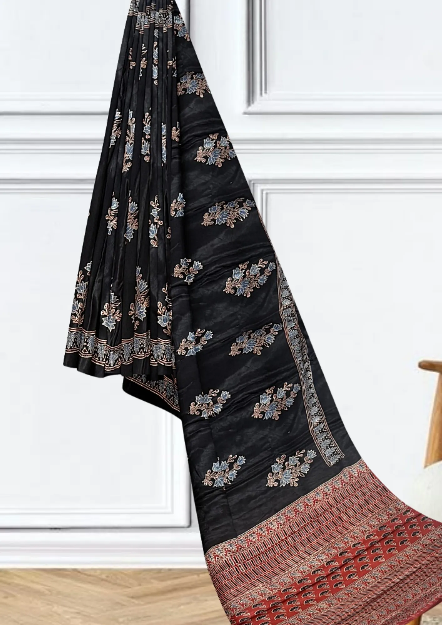 Bold Elegance: Red & Black Handblock Pure Modal Silk Saree - Image 3