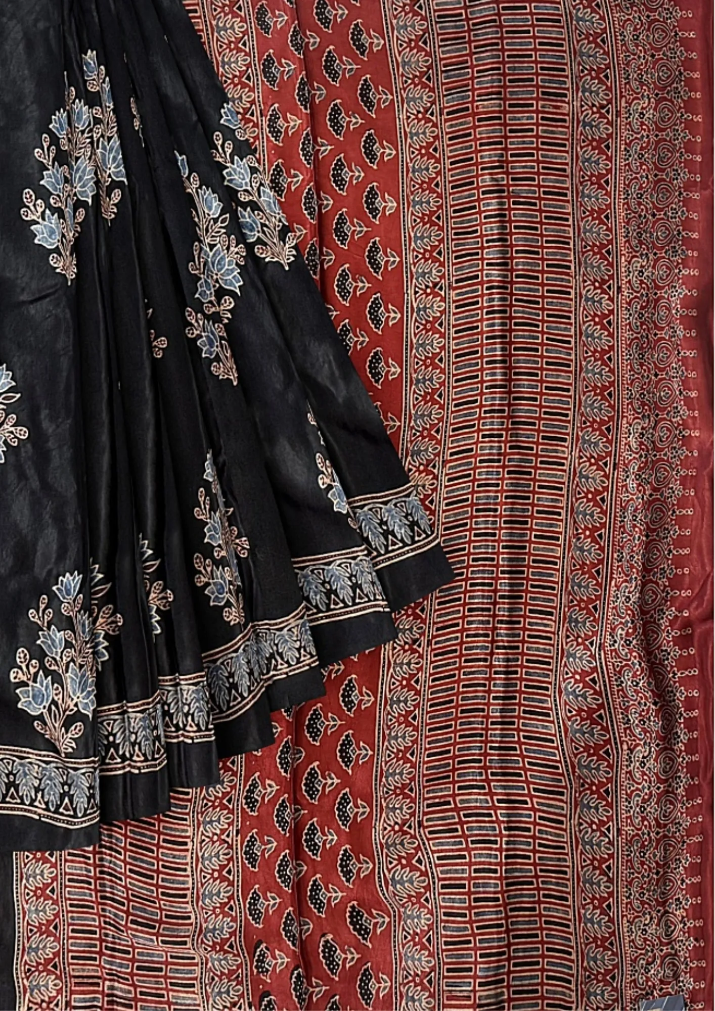 Bold Elegance: Red & Black Handblock Pure Modal Silk Saree - Image 6