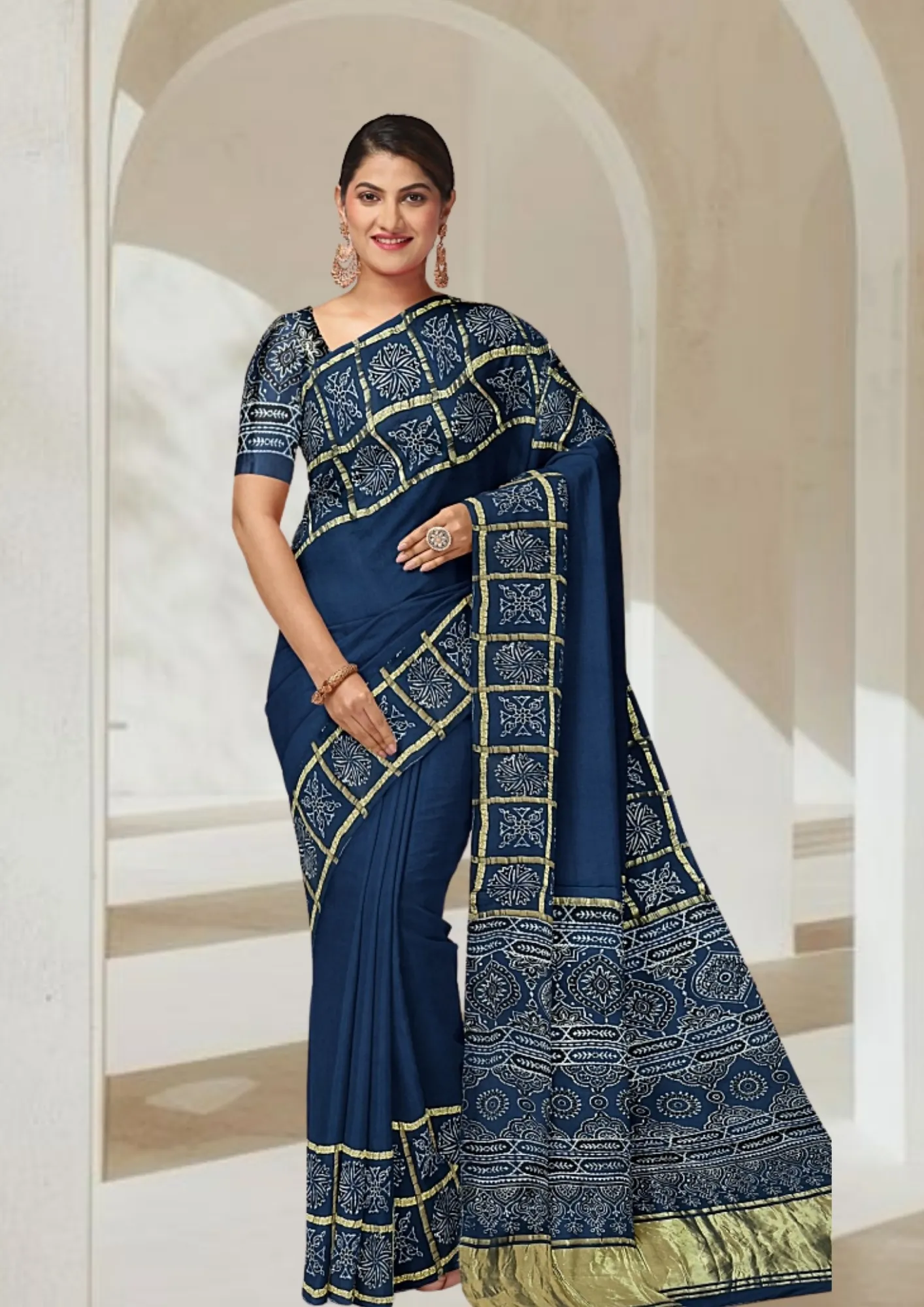 Timeless Teal: Ghatchola Handblock Modal Silk Saree