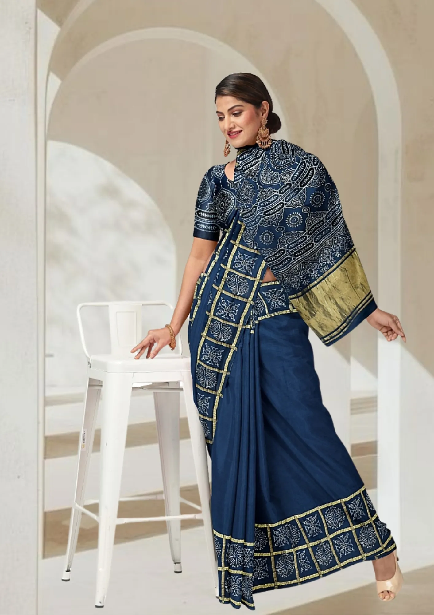 Timeless Teal: Ghatchola Handblock Modal Silk Saree - Image 6