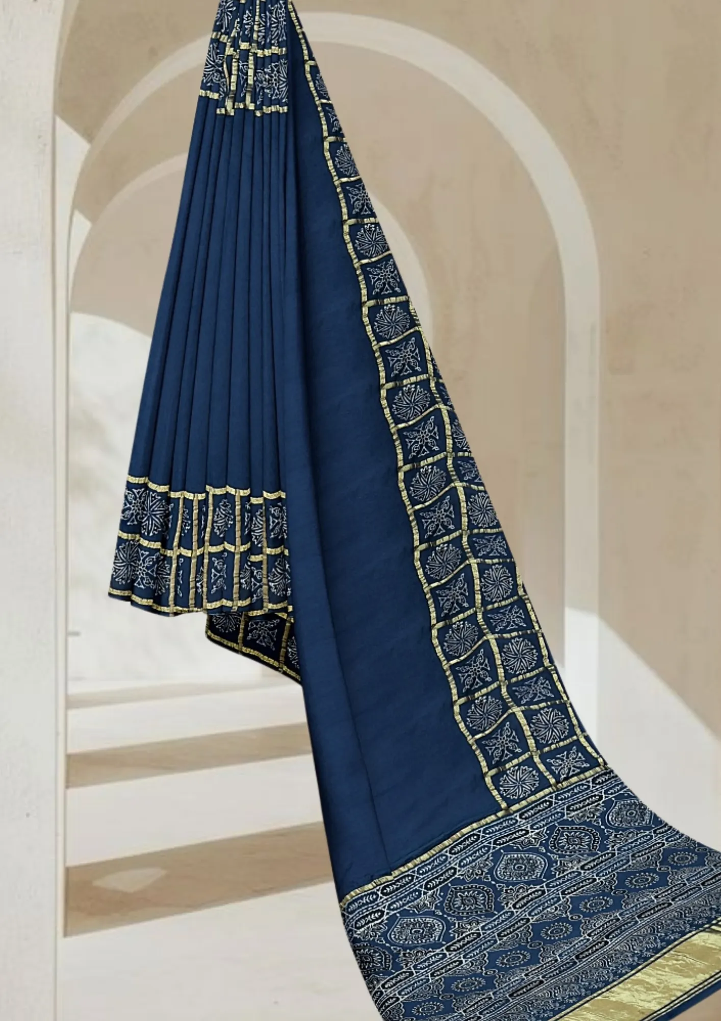 Timeless Teal: Ghatchola Handblock Modal Silk Saree - Image 2