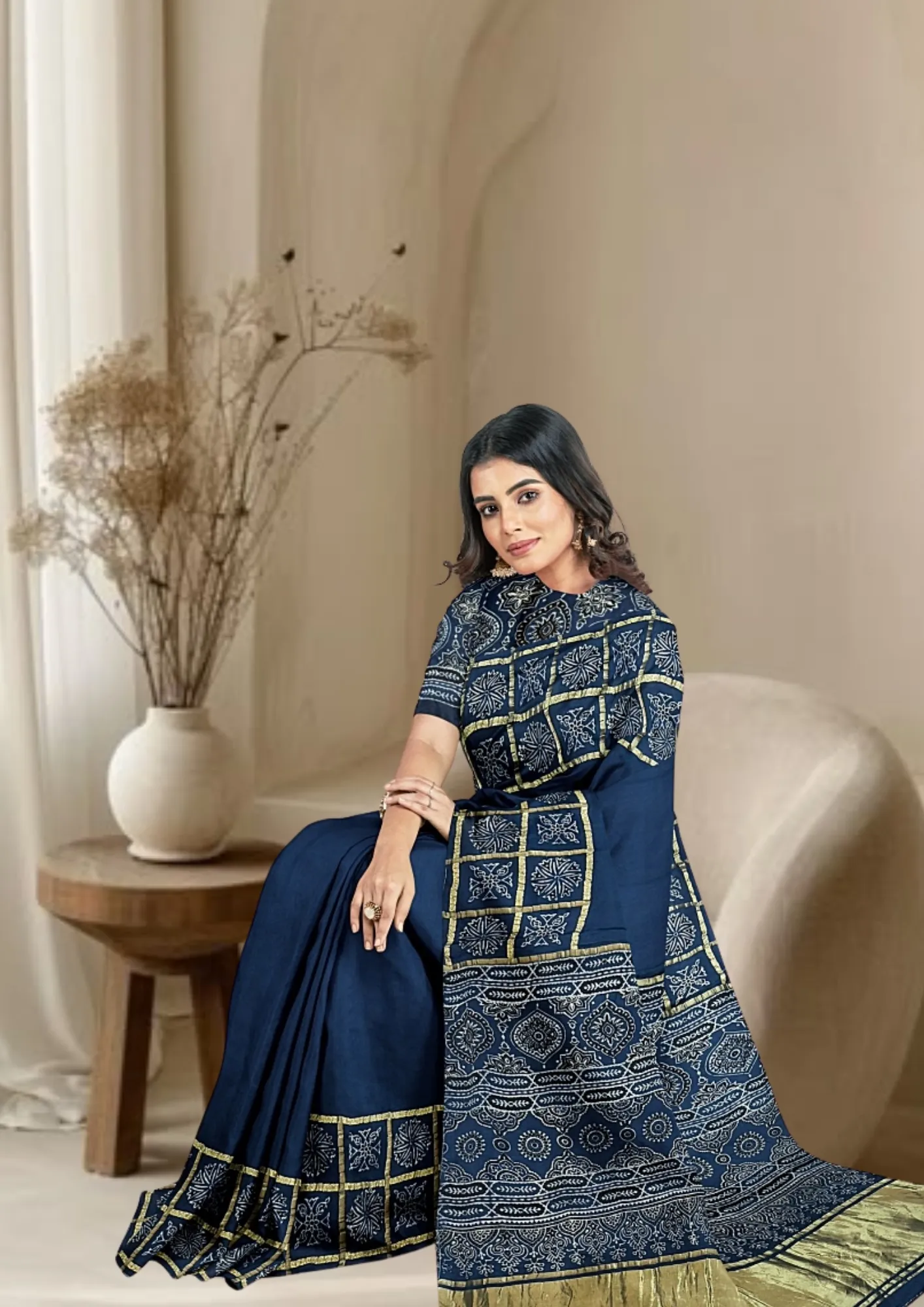 Timeless Teal: Ghatchola Handblock Modal Silk Saree - Image 3