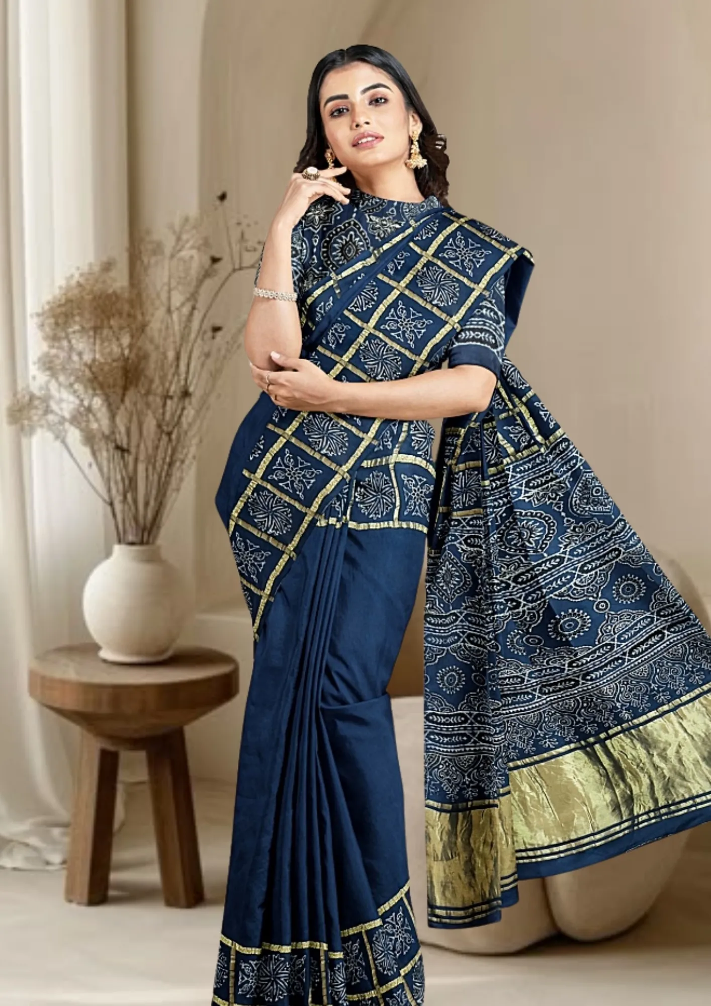 Timeless Teal: Ghatchola Handblock Modal Silk Saree - Image 5