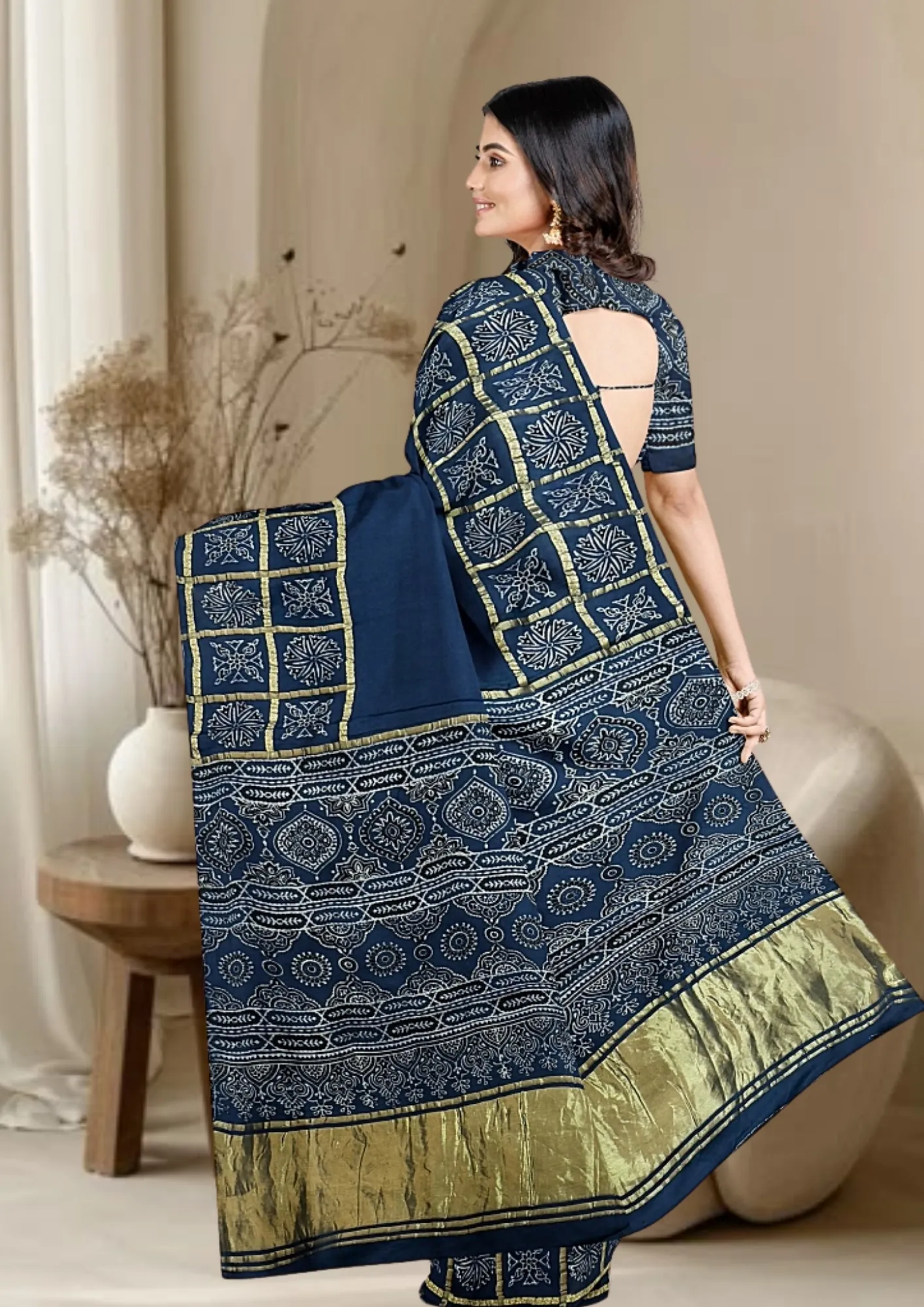 Timeless Teal: Ghatchola Handblock Modal Silk Saree - Image 4