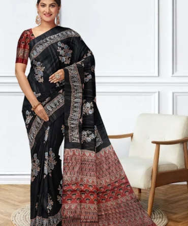 Bold Elegance: Red & Black Handblock Pure Modal Silk Saree