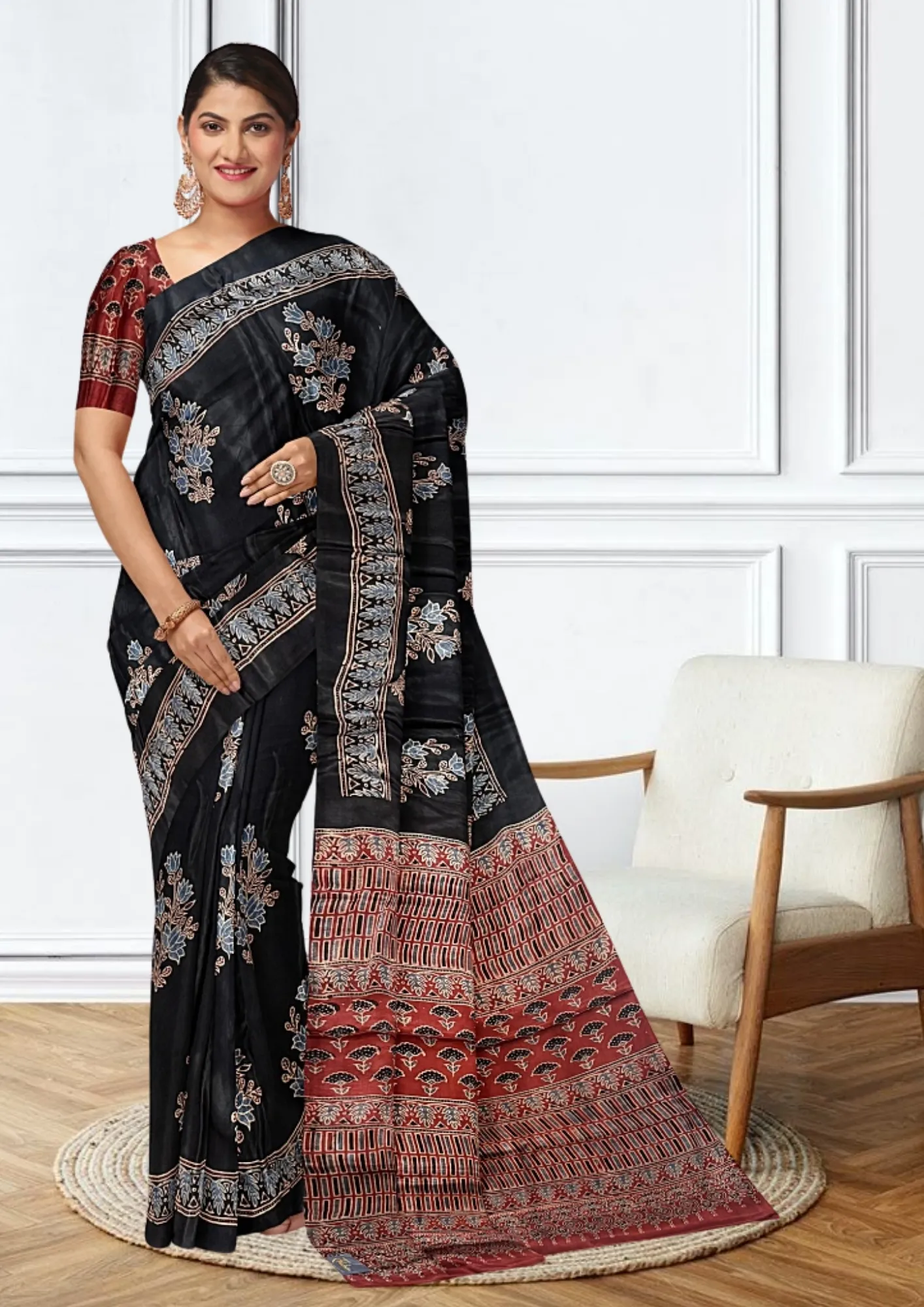 Bold Elegance: Red & Black Handblock Pure Modal Silk Saree