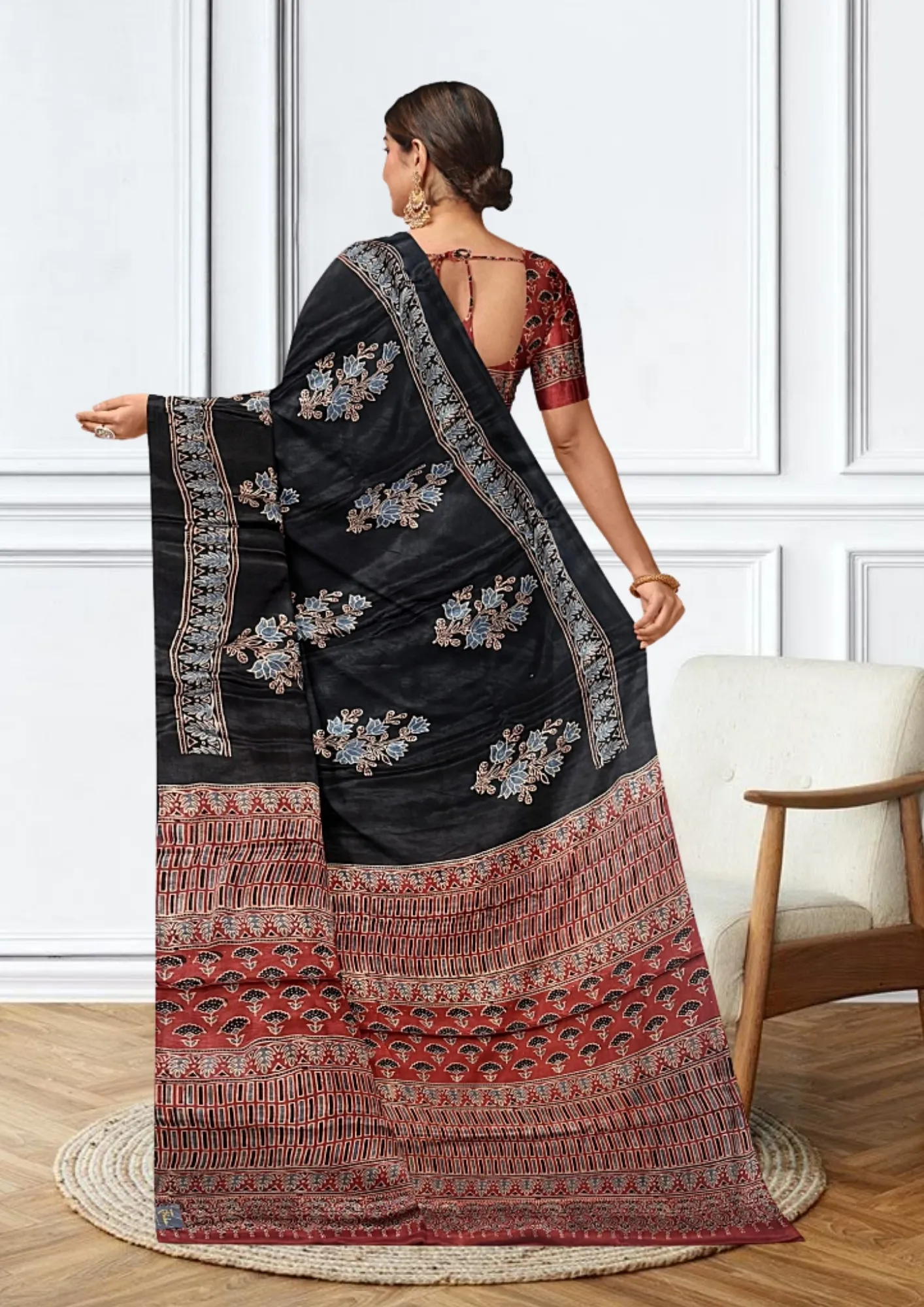 Bold Elegance: Red & Black Handblock Pure Modal Silk Saree - Image 2