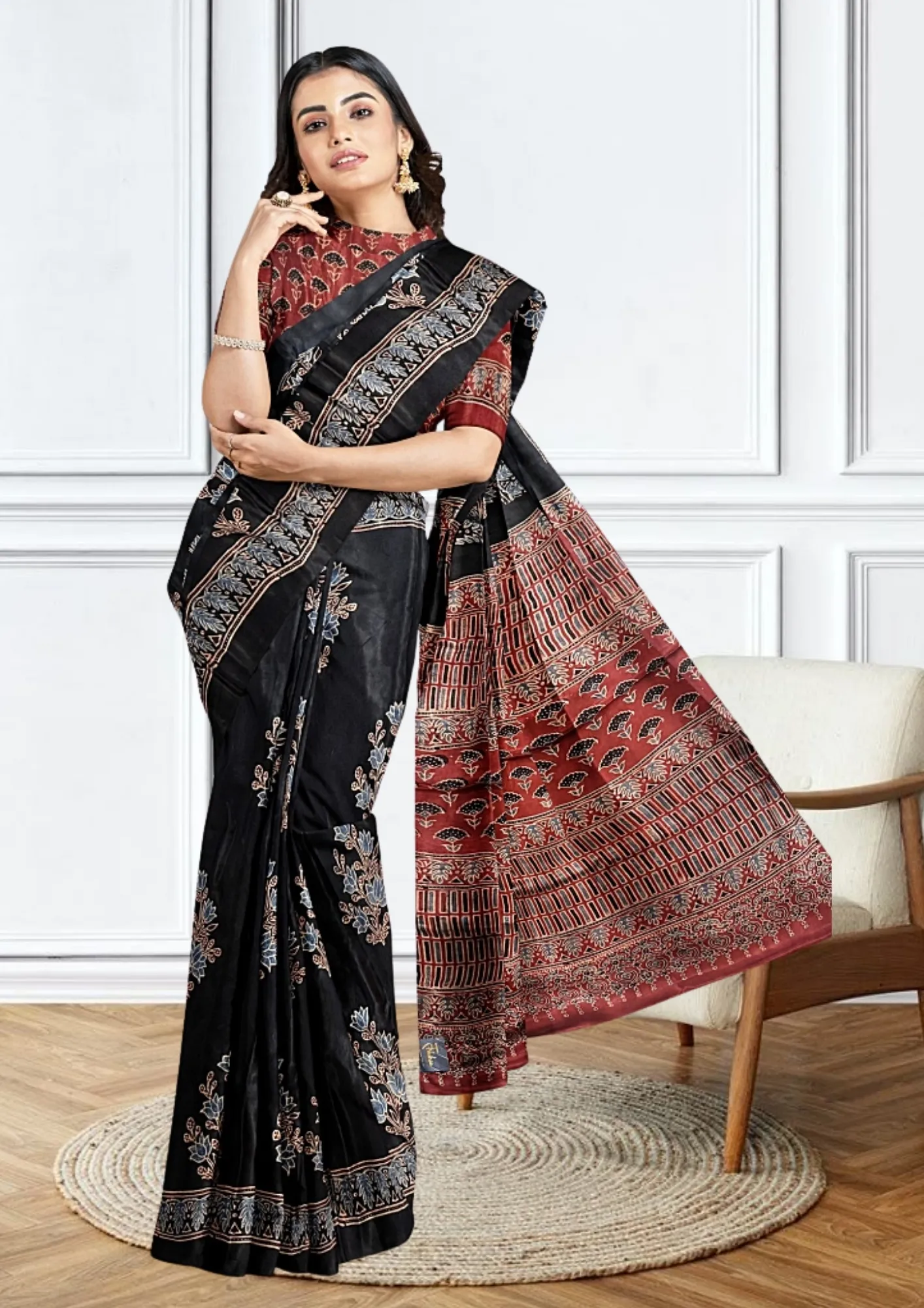 Bold Elegance: Red & Black Handblock Pure Modal Silk Saree - Image 5