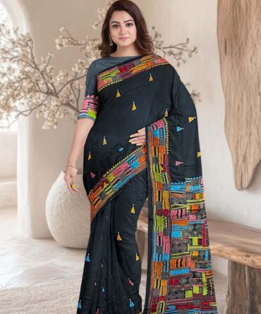 Bangalore Silk Kantha Stitch Black Multicolour Saree