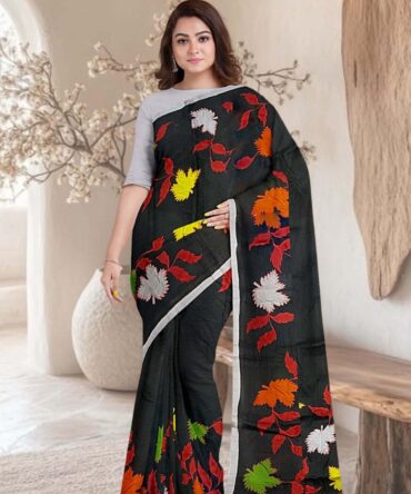 Cotton Kota Appliqué Saree with All-Over Leaf Design