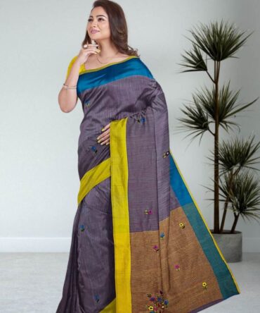 Handwoven Slab Khadi Cotton Saree with Blue & Yellow Border and Bullion Knot Embroidery