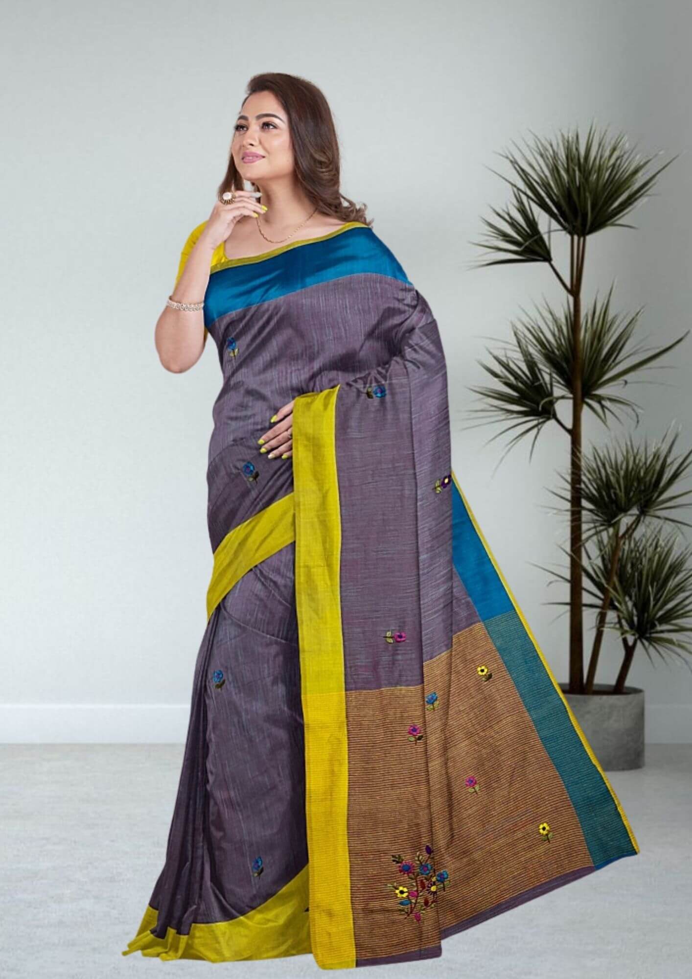Handwoven Slab Khadi Cotton Saree with Blue & Yellow Border and Bullion Knot Embroidery
