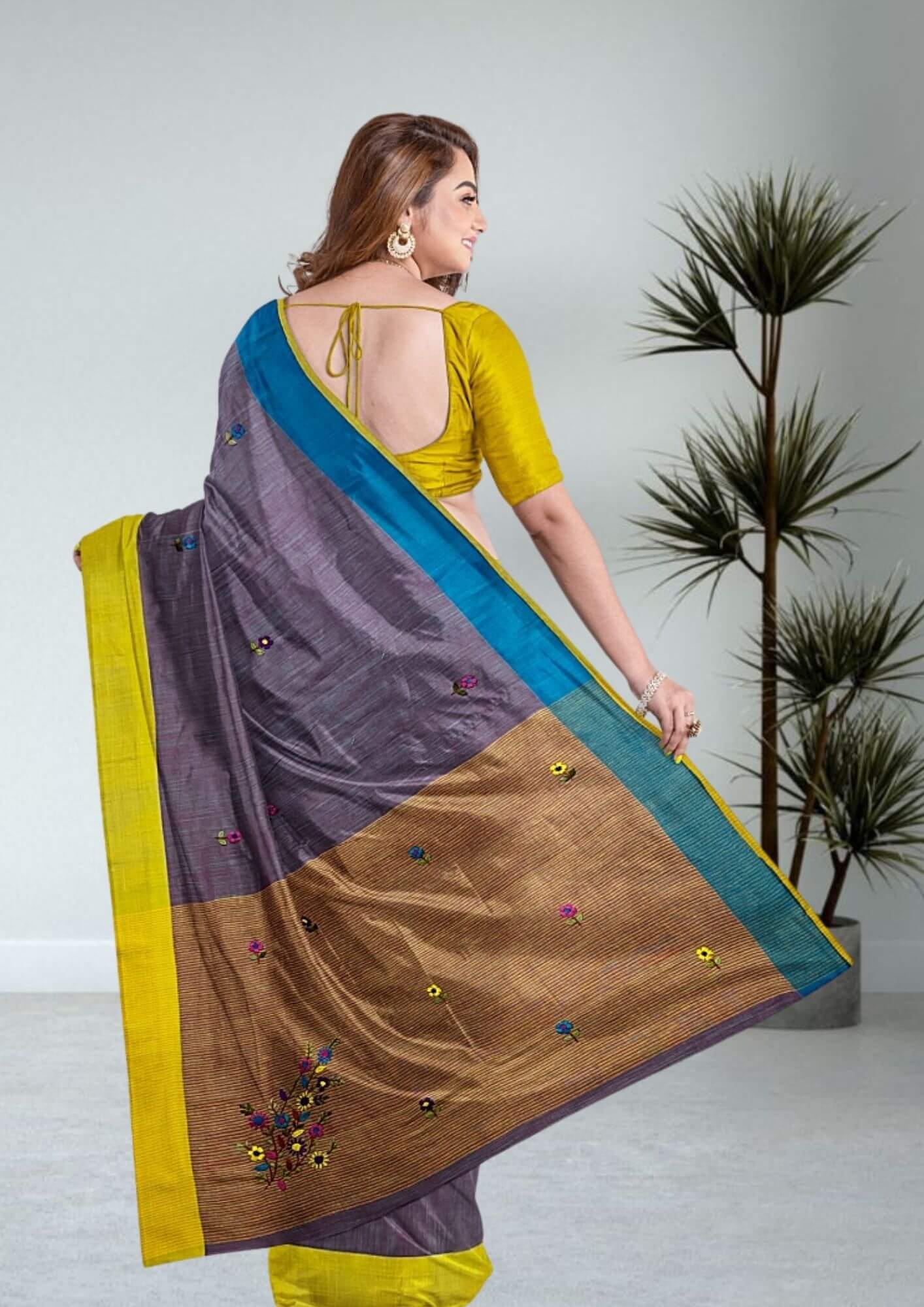 Handwoven Slab Khadi Cotton Saree with Blue & Yellow Border and Bullion Knot Embroidery