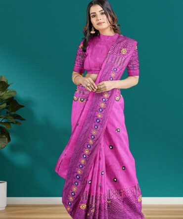 Vibrant Pink Handwoven Bangalore Silk Saree with Lambani Stitch