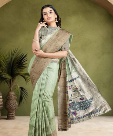 Pista Green Katan Silk Saree with Peacock Paithani Aanchal: A Symphony of Indian Craftsmanship