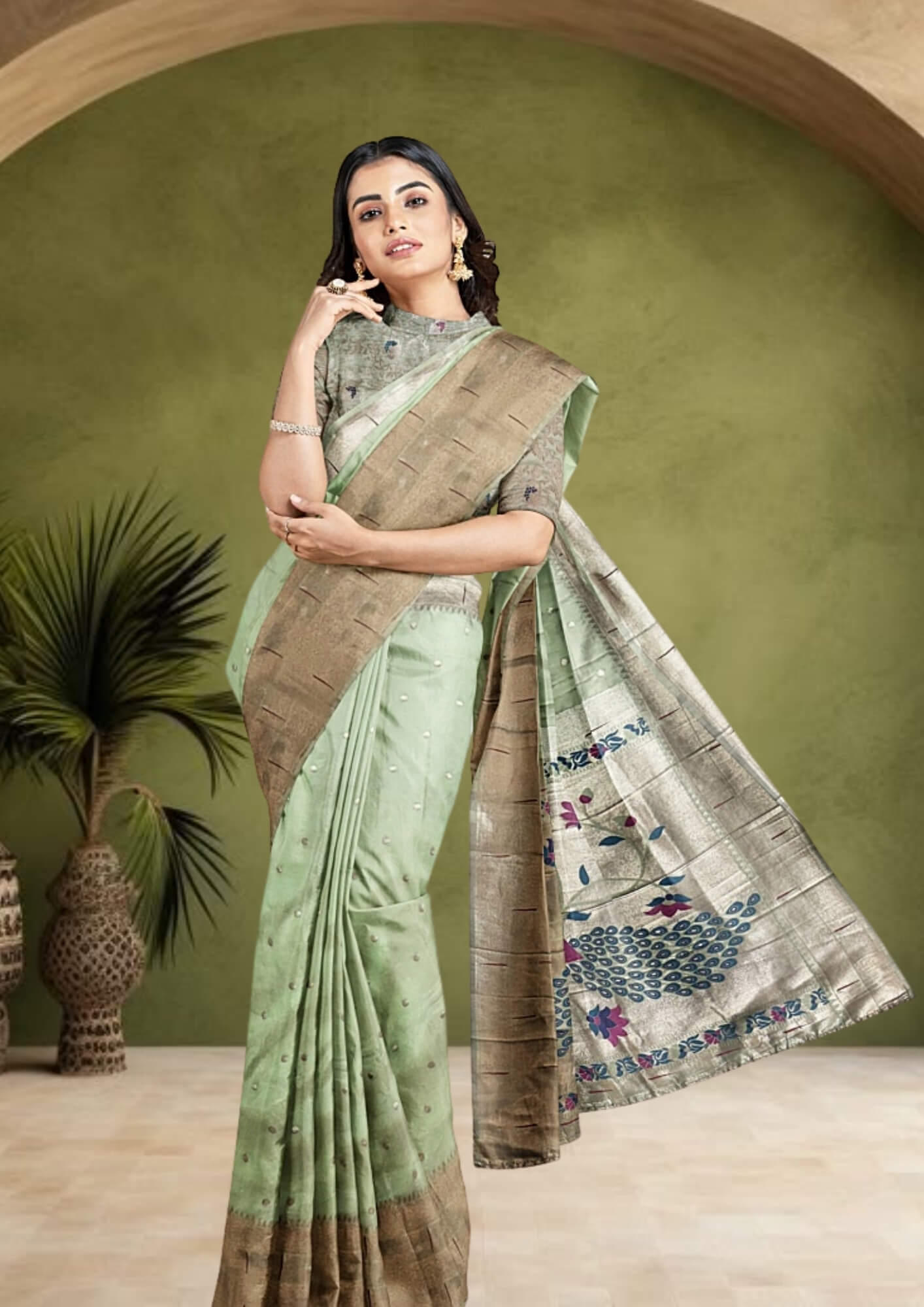 Pista Green Katan Silk Saree with Peacock Paithani Aanchal: A Symphony of Indian Craftsmanship