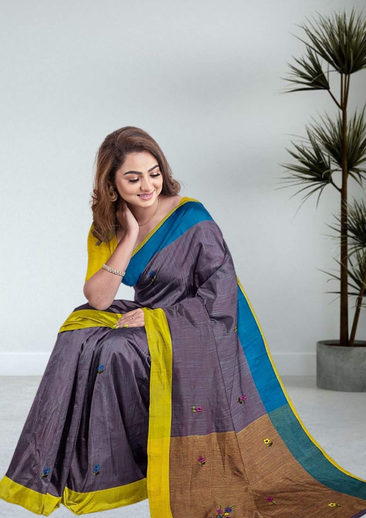 Handwoven Slab Khadi Cotton Saree with Blue & Yellow Border and Bullion Knot Embroidery