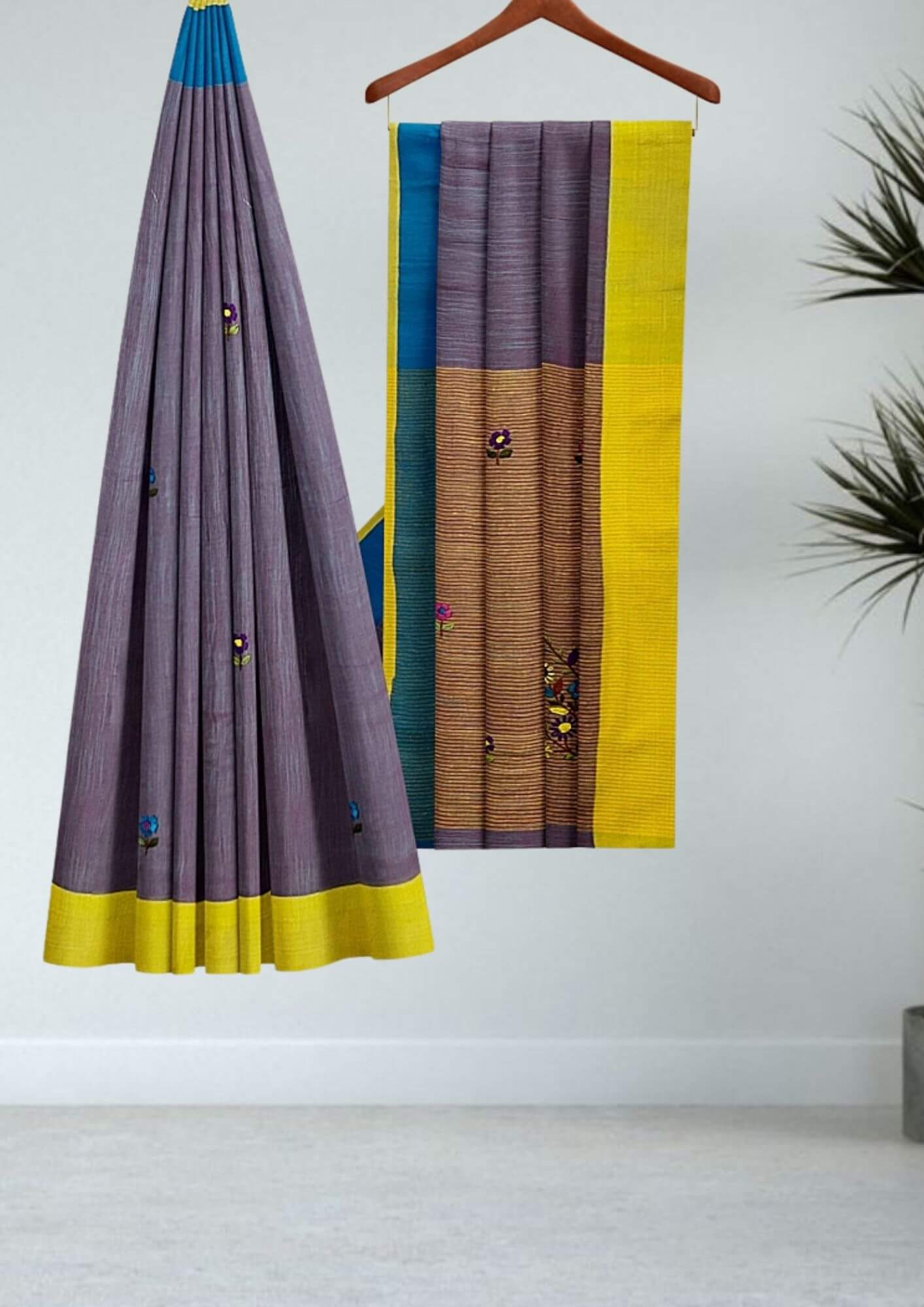 Handwoven Slab Khadi Cotton Saree with Blue & Yellow Border and Bullion Knot Embroidery