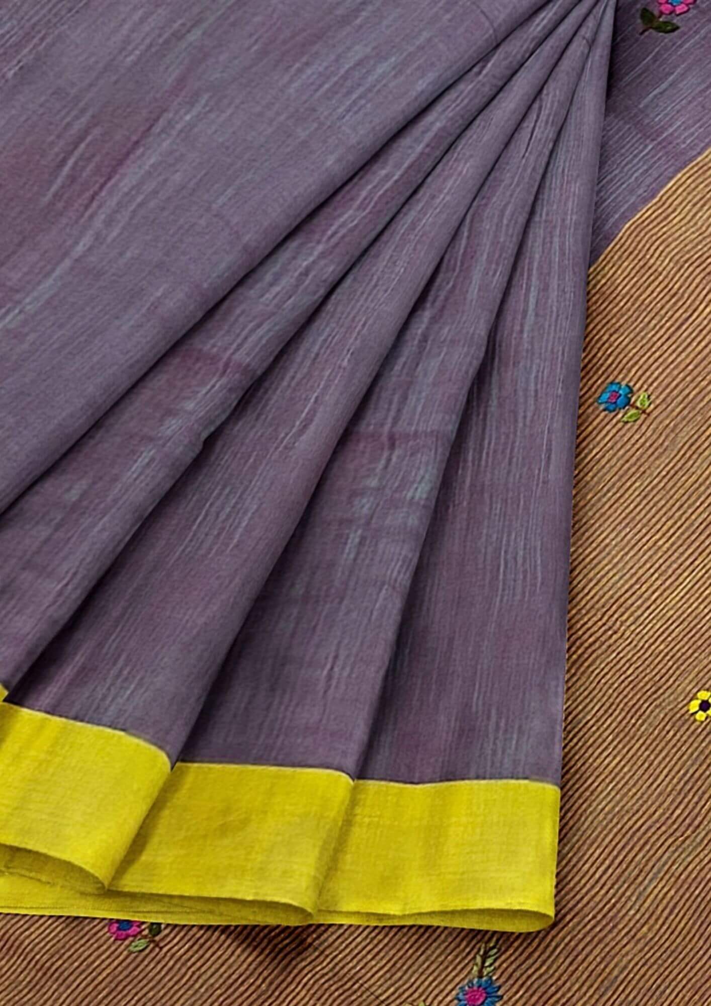 Handwoven Slab Khadi Cotton Saree with Blue & Yellow Border and Bullion Knot Embroidery