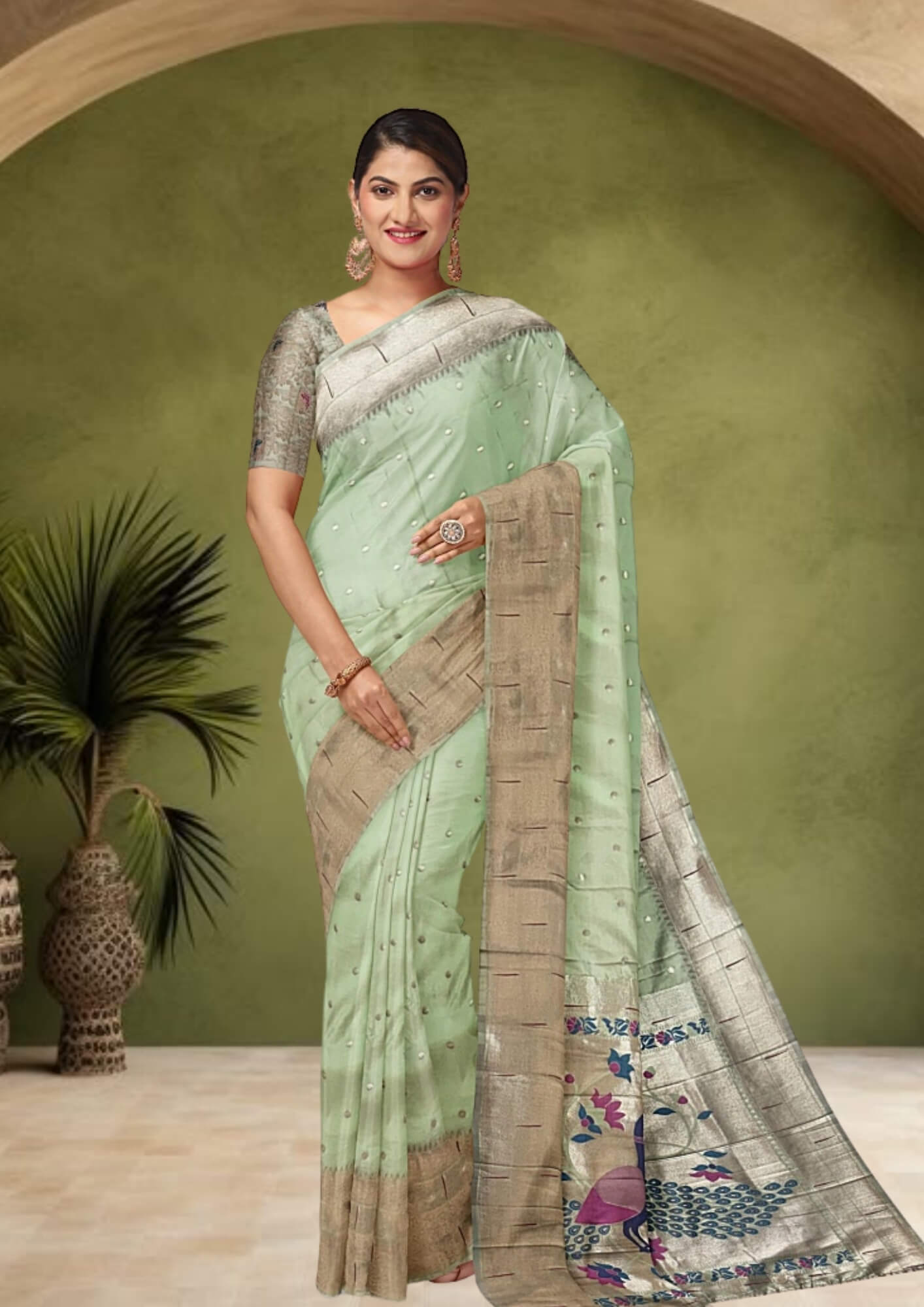 Pista Green Katan Silk Saree with Peacock Paithani Aanchal: A Symphony of Indian Craftsmanship