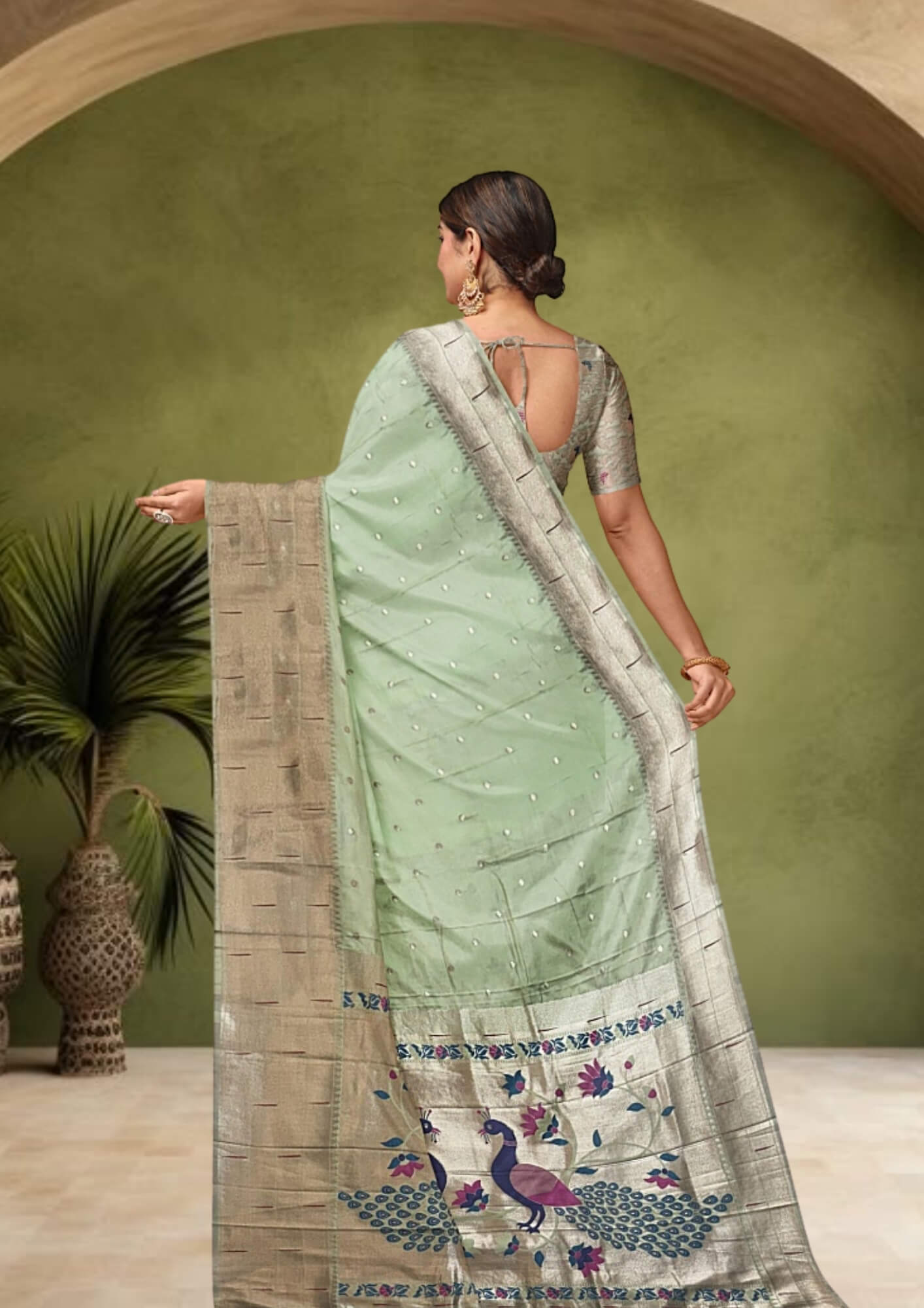 Pista Green Katan Silk Saree with Peacock Paithani Aanchal: A Symphony of Indian Craftsmanship