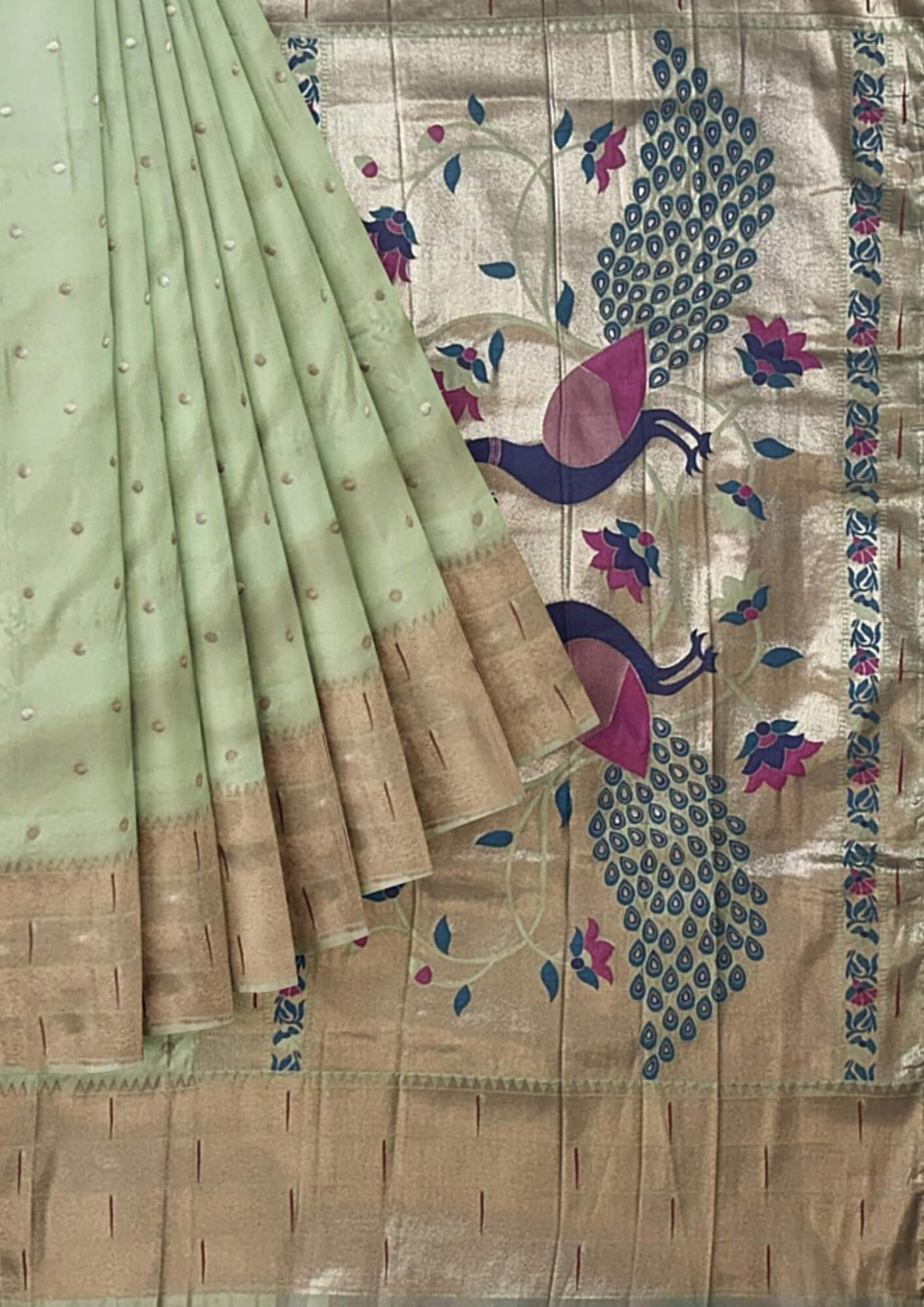 Pista Green Katan Silk Saree with Peacock Paithani Aanchal: A Symphony of Indian Craftsmanship