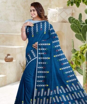 Sustainable Khadi Cotton Saree in Teal Blue with Jamdani Weave