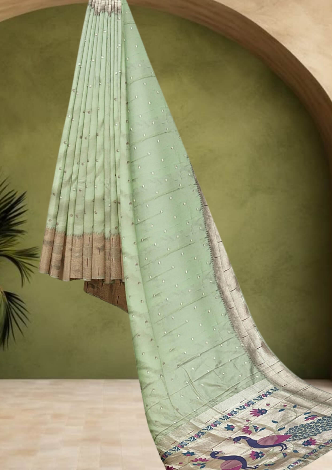 Pista Green Katan Silk Saree with Peacock Paithani Aanchal: A Symphony of Indian Craftsmanship