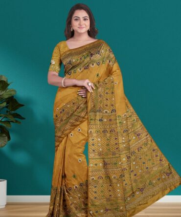 Handwoven Bangalore Silk Saree with Lambani Stitch in Mustard Yellow