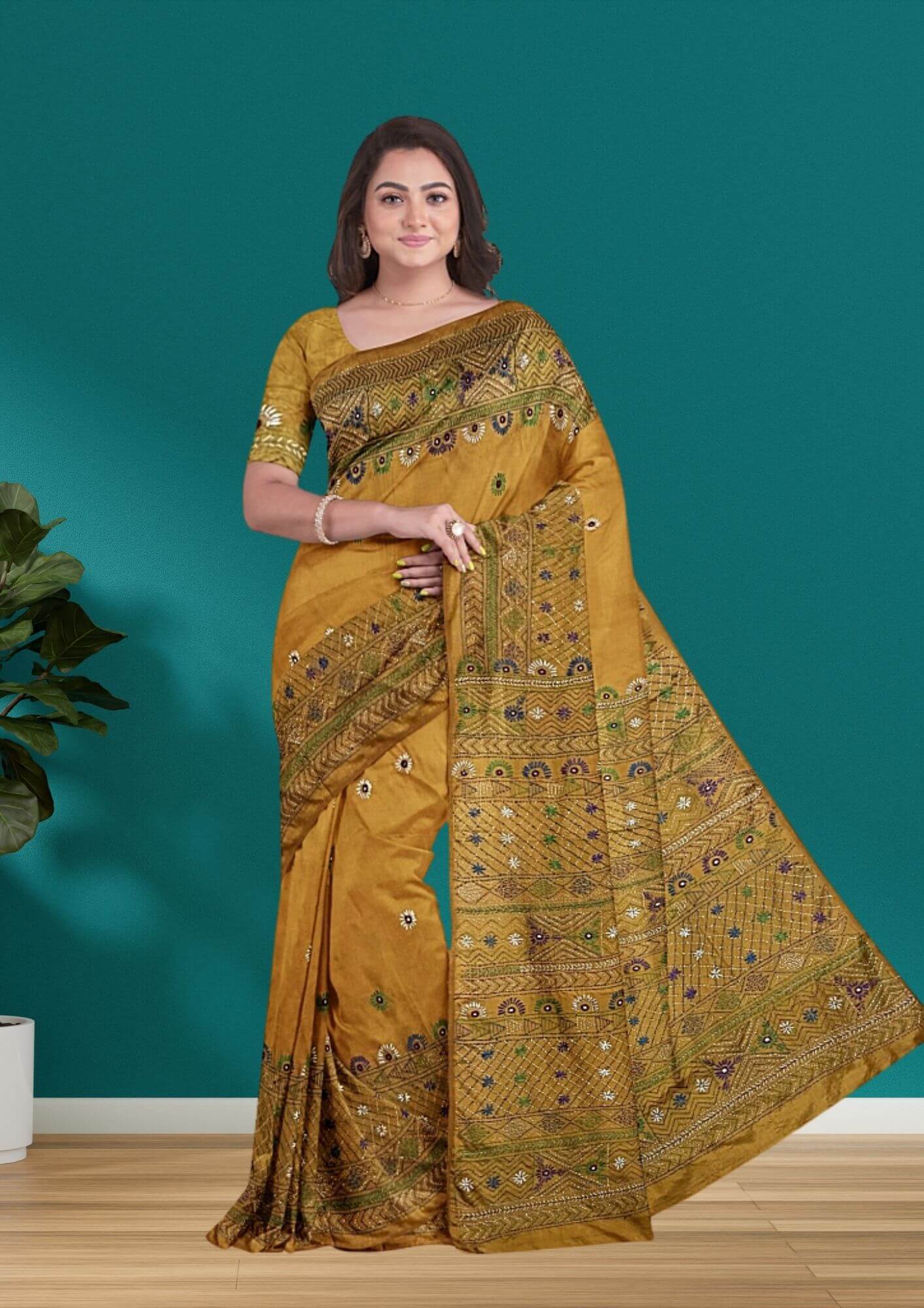 Handwoven Bangalore Silk Saree with Lambani Stitch in Mustard Yellow