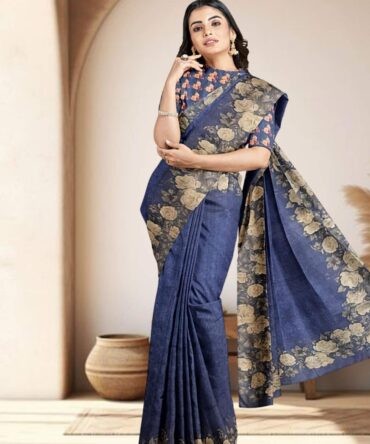 Elegance in Every Drape: Blue Half Tussar Saree with Digital Print & Cut Work