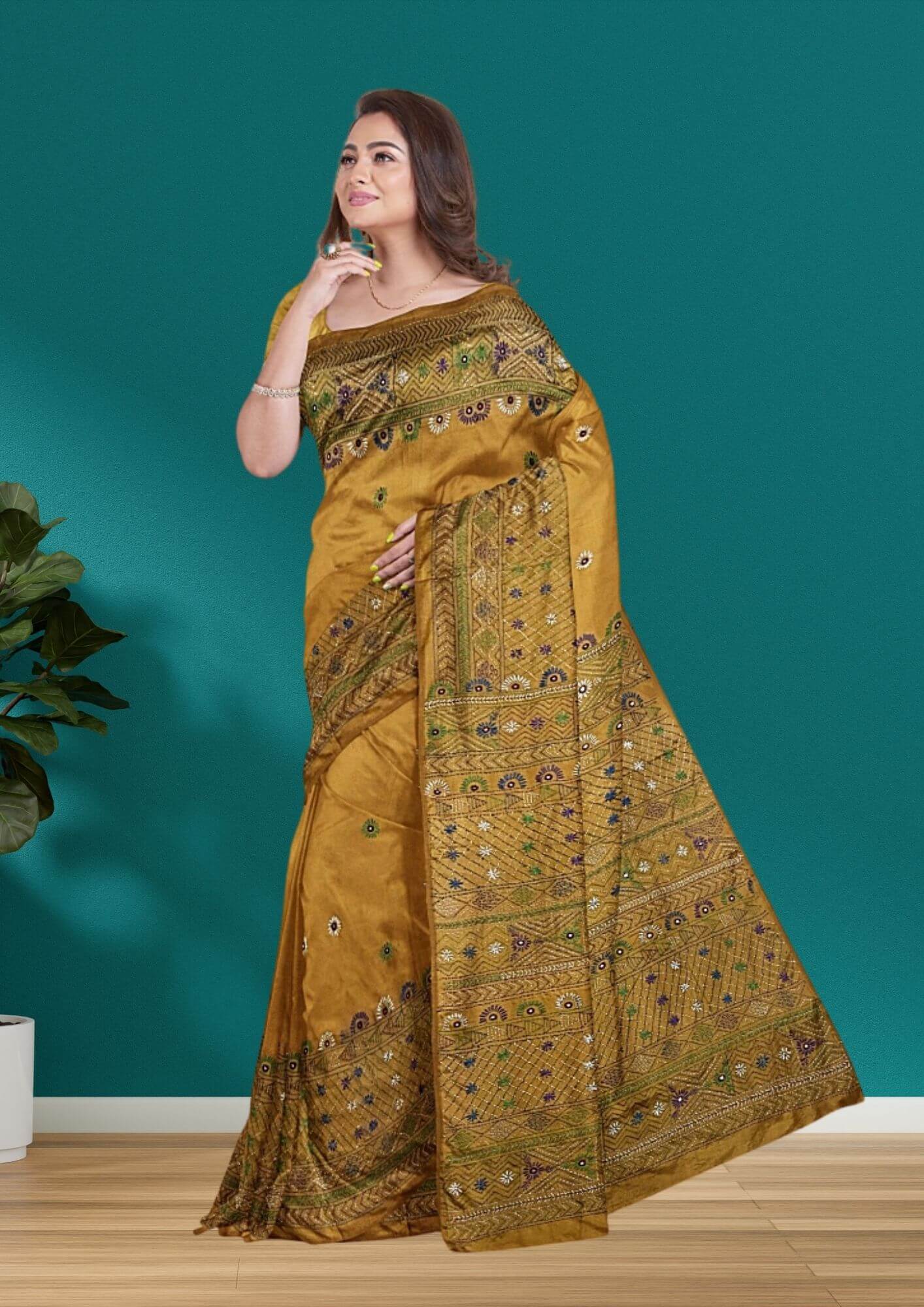 Handwoven Bangalore Silk Saree with Lambani Stitch in Mustard Yellow