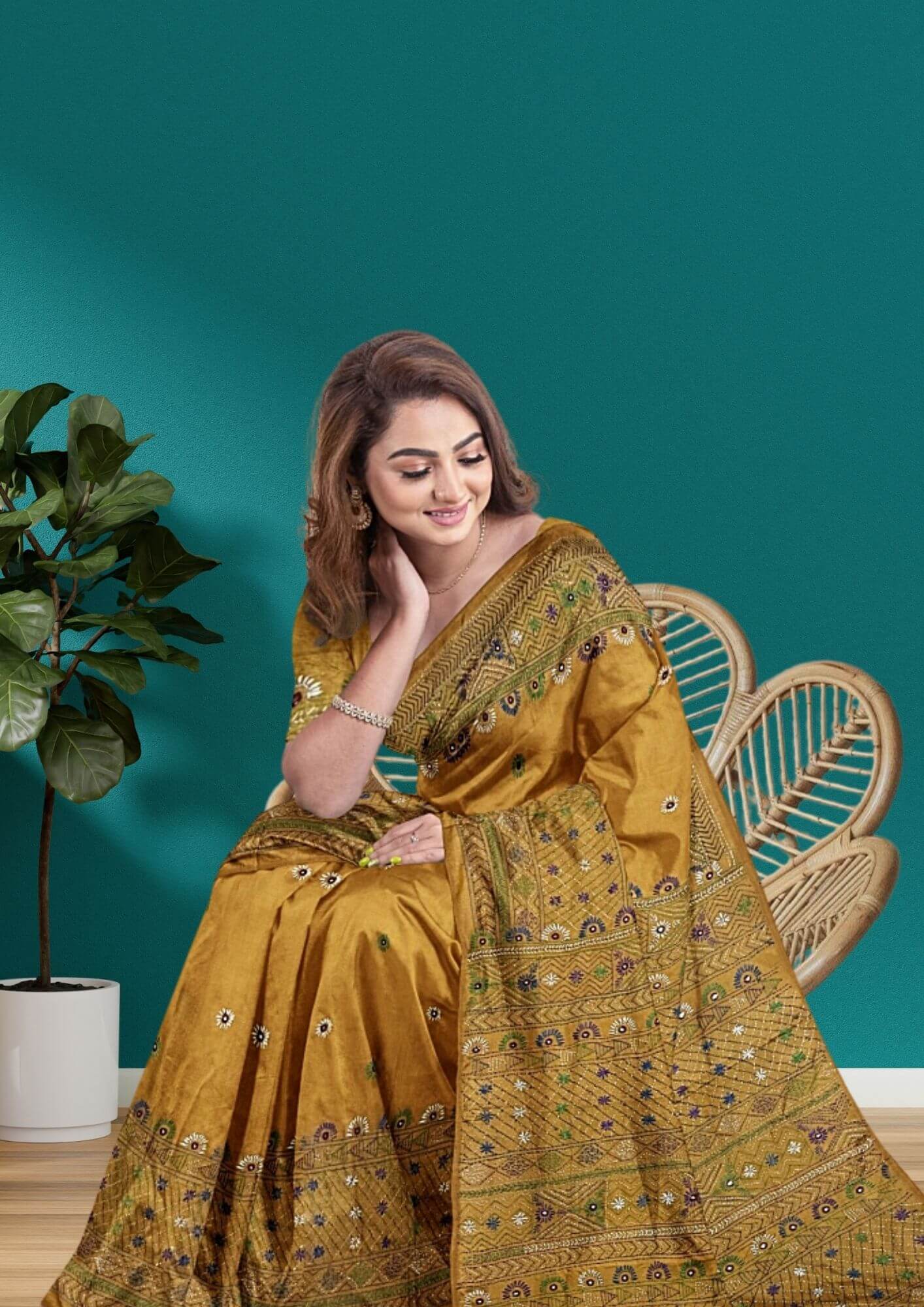 Handwoven Bangalore Silk Saree with Lambani Stitch in Mustard Yellow