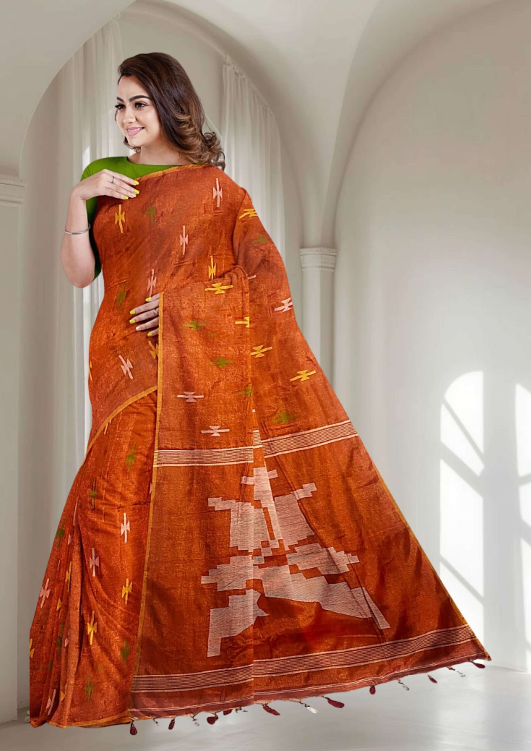 Orange Handwoven Jamdani Cotton-Silk Saree