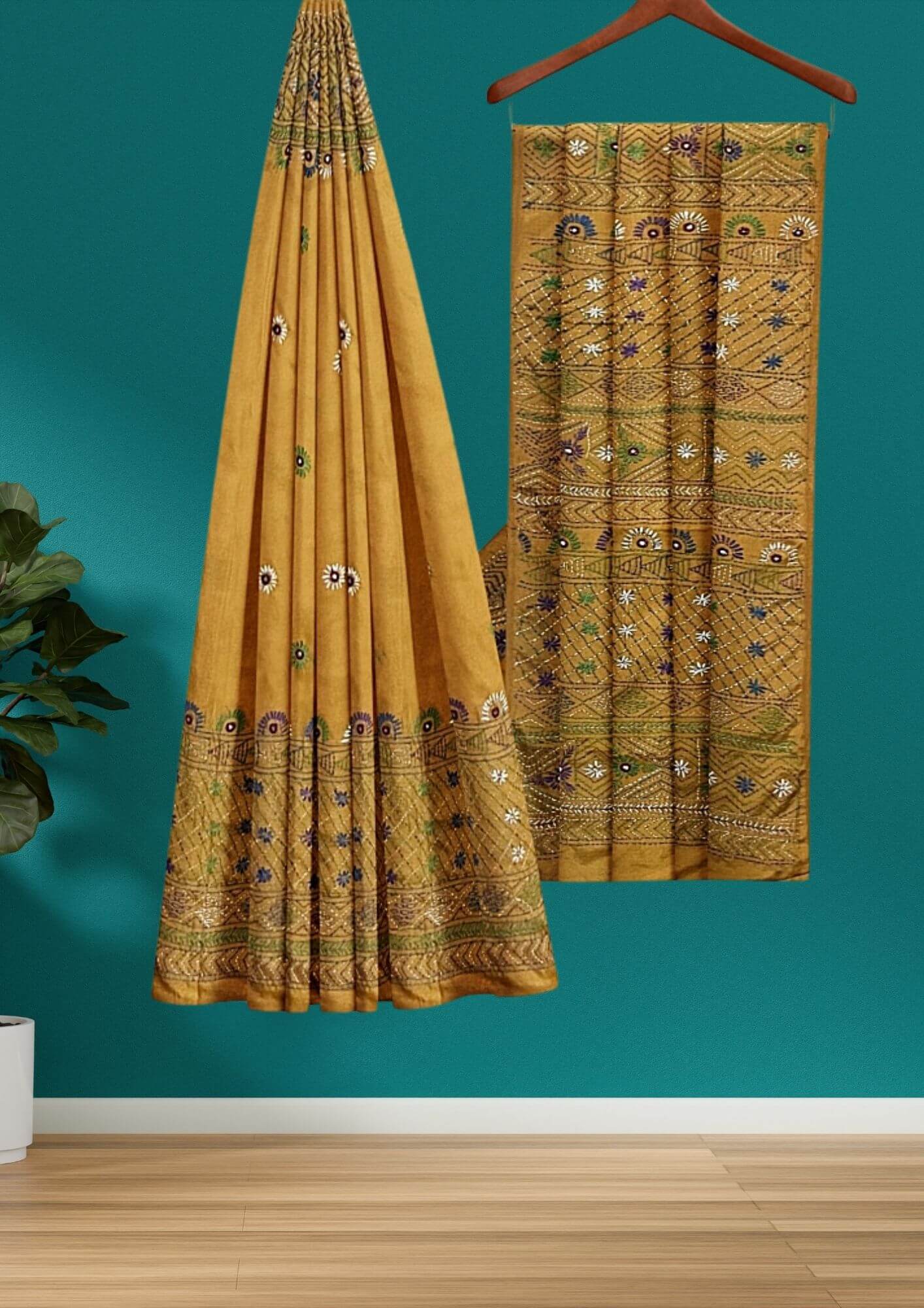 Handwoven Bangalore Silk Saree with Lambani Stitch in Mustard Yellow