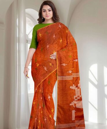 Orange Handwoven Jamdani Cotton-Silk Saree