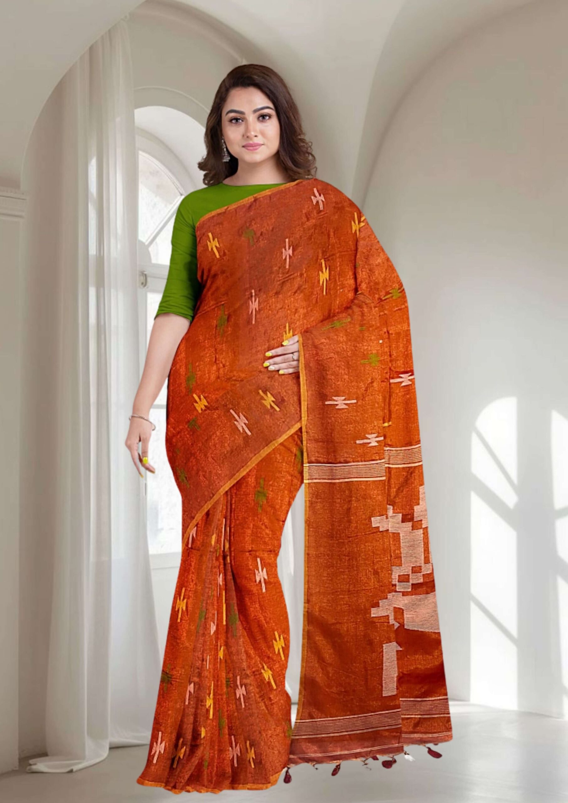 Orange Handwoven Jamdani Cotton-Silk Saree