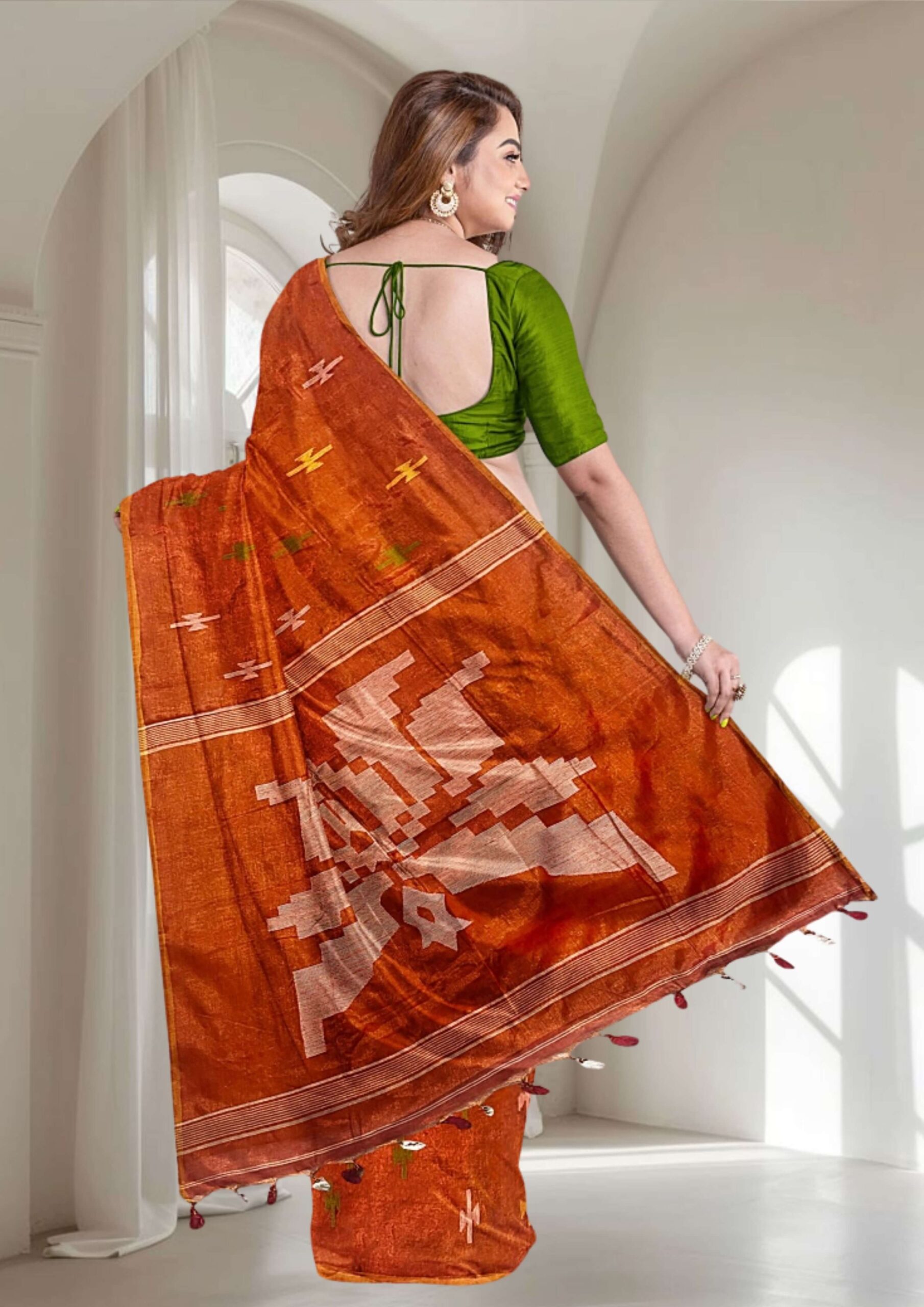 Orange Handwoven Jamdani Cotton-Silk Saree
