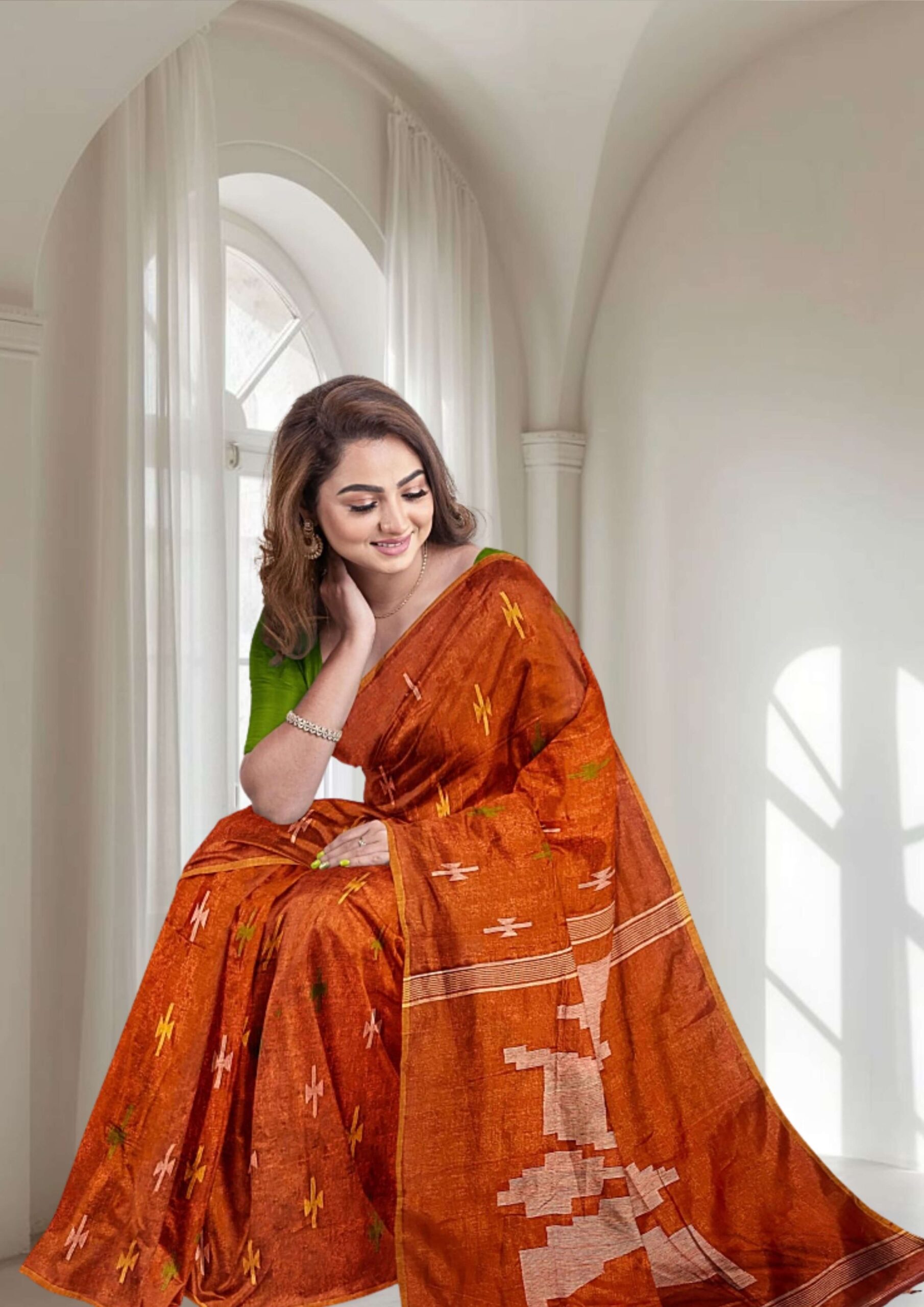 Orange Handwoven Jamdani Cotton-Silk Saree
