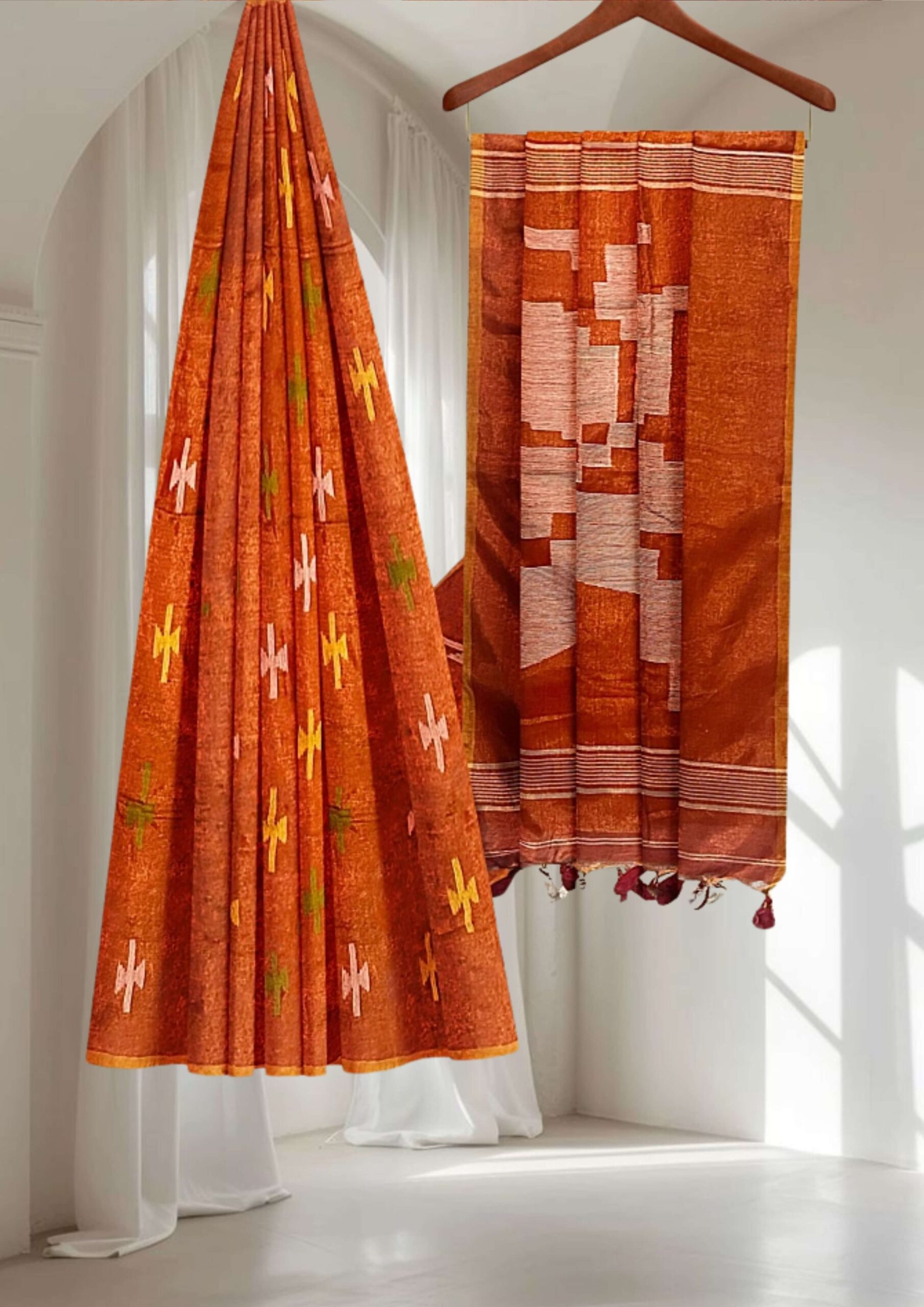 Orange Handwoven Jamdani Cotton-Silk Saree