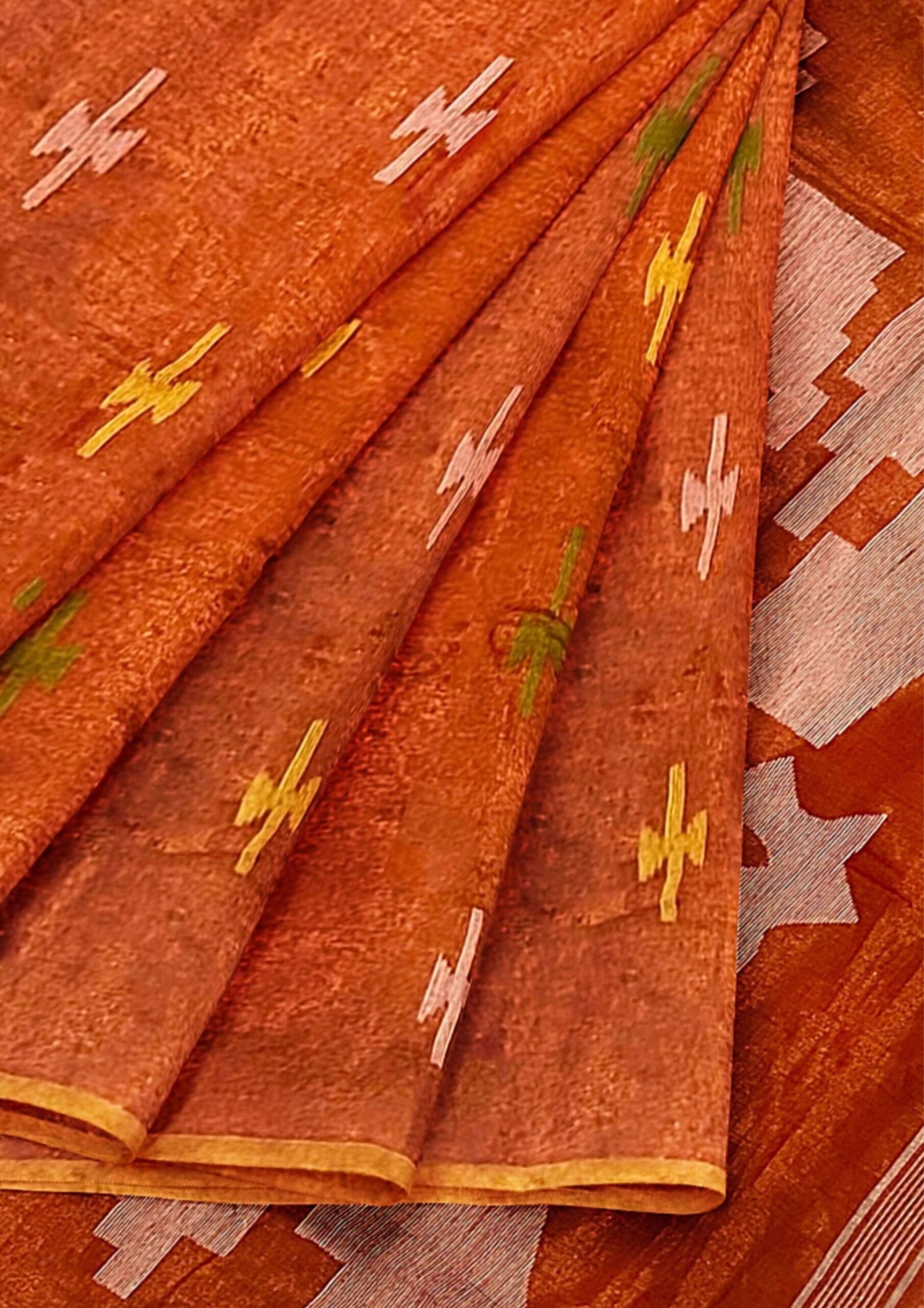 Orange Handwoven Jamdani Cotton-Silk Saree