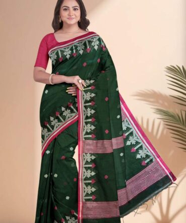 Hand woven Jamdani cotton silk saree in dark green colour ,give description for website