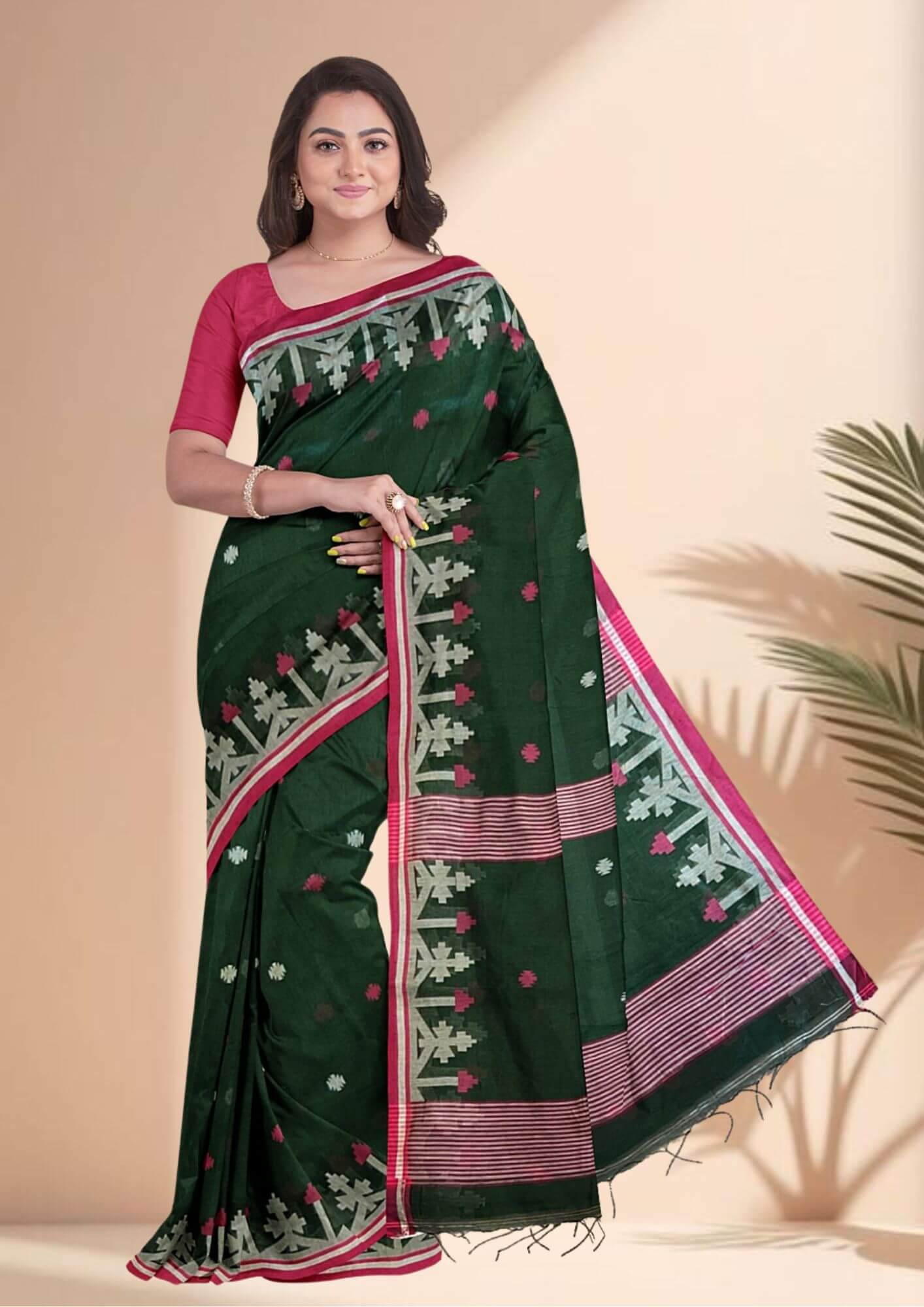 Hand woven Jamdani cotton silk saree in dark green colour ,give description for website