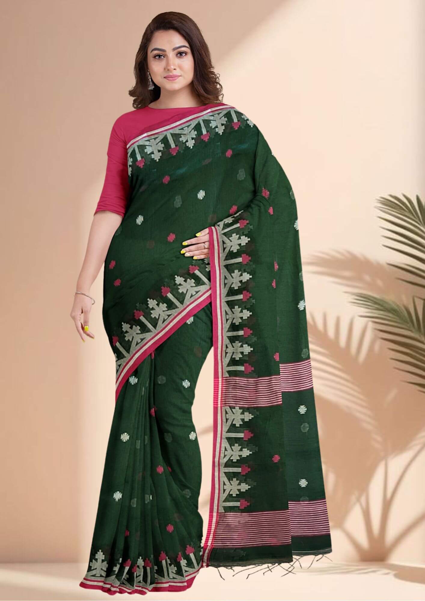 Hand woven Jamdani cotton silk saree in dark green colour ,give description for website