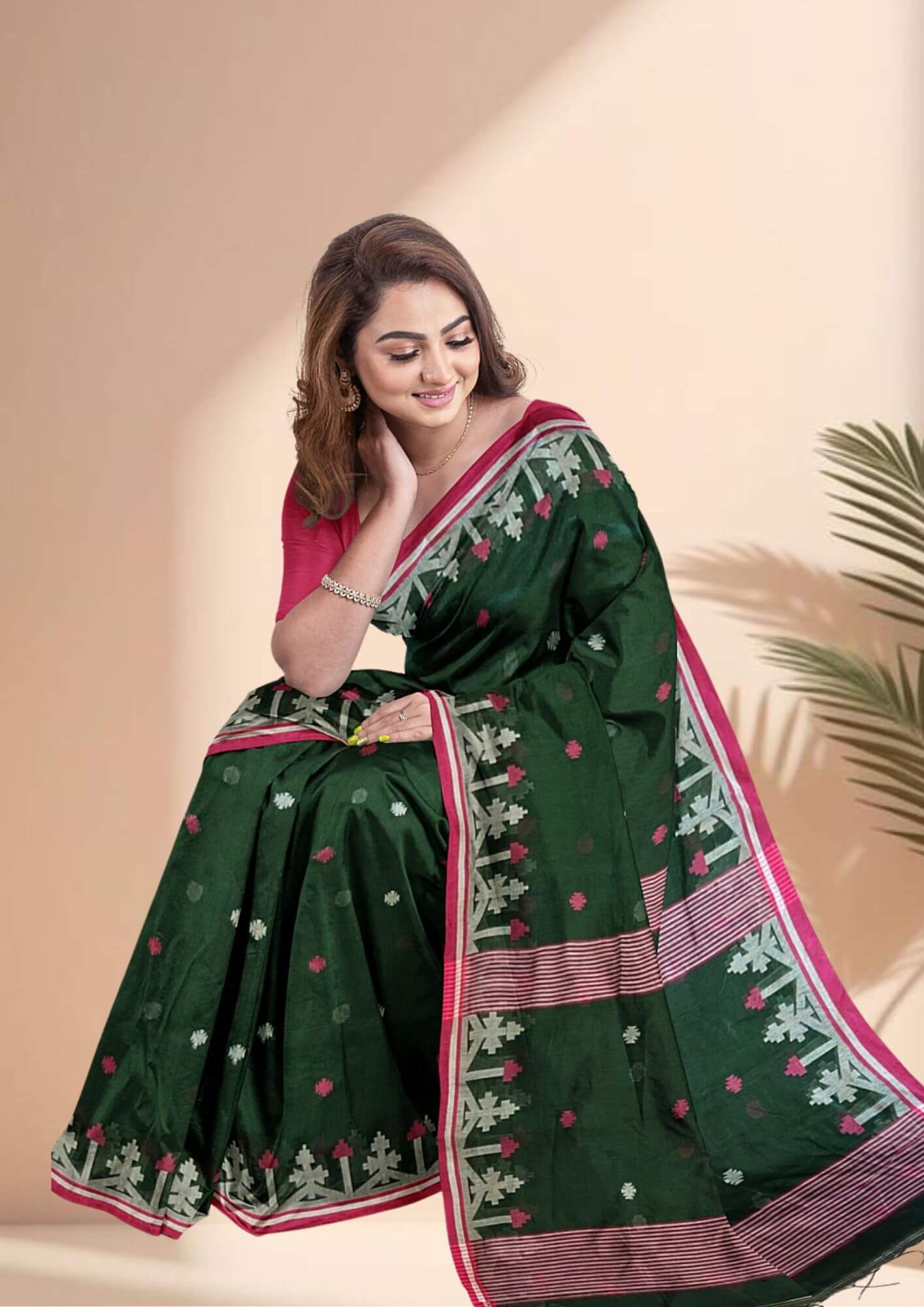 Hand woven Jamdani cotton silk saree in dark green colour ,give description for website
