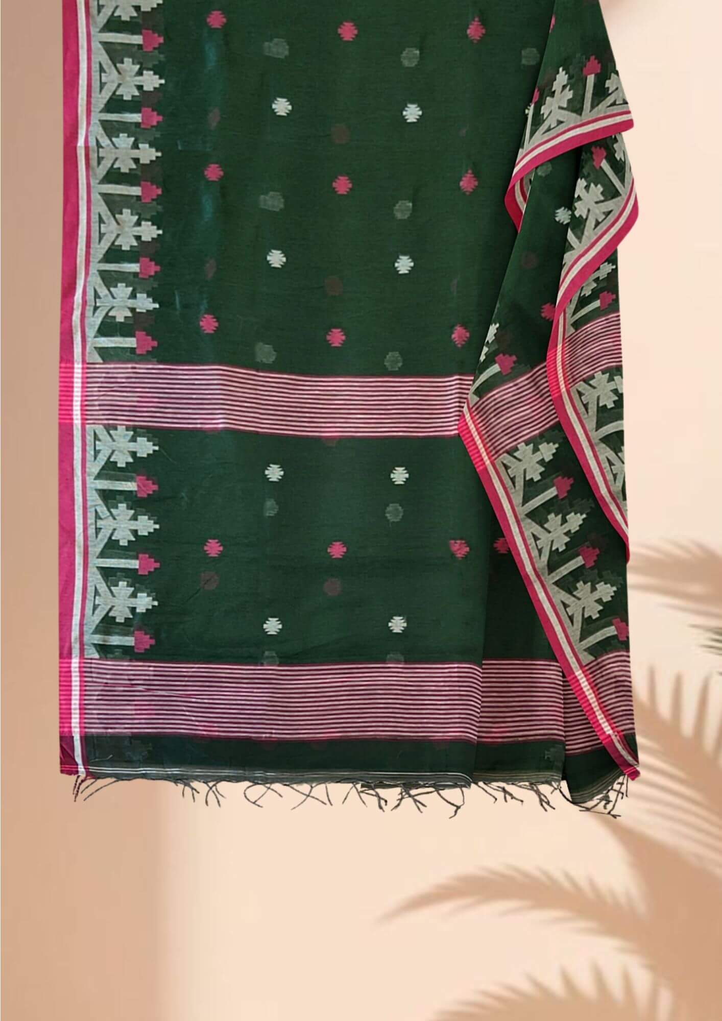 Hand woven Jamdani cotton silk saree in dark green colour ,give description for website