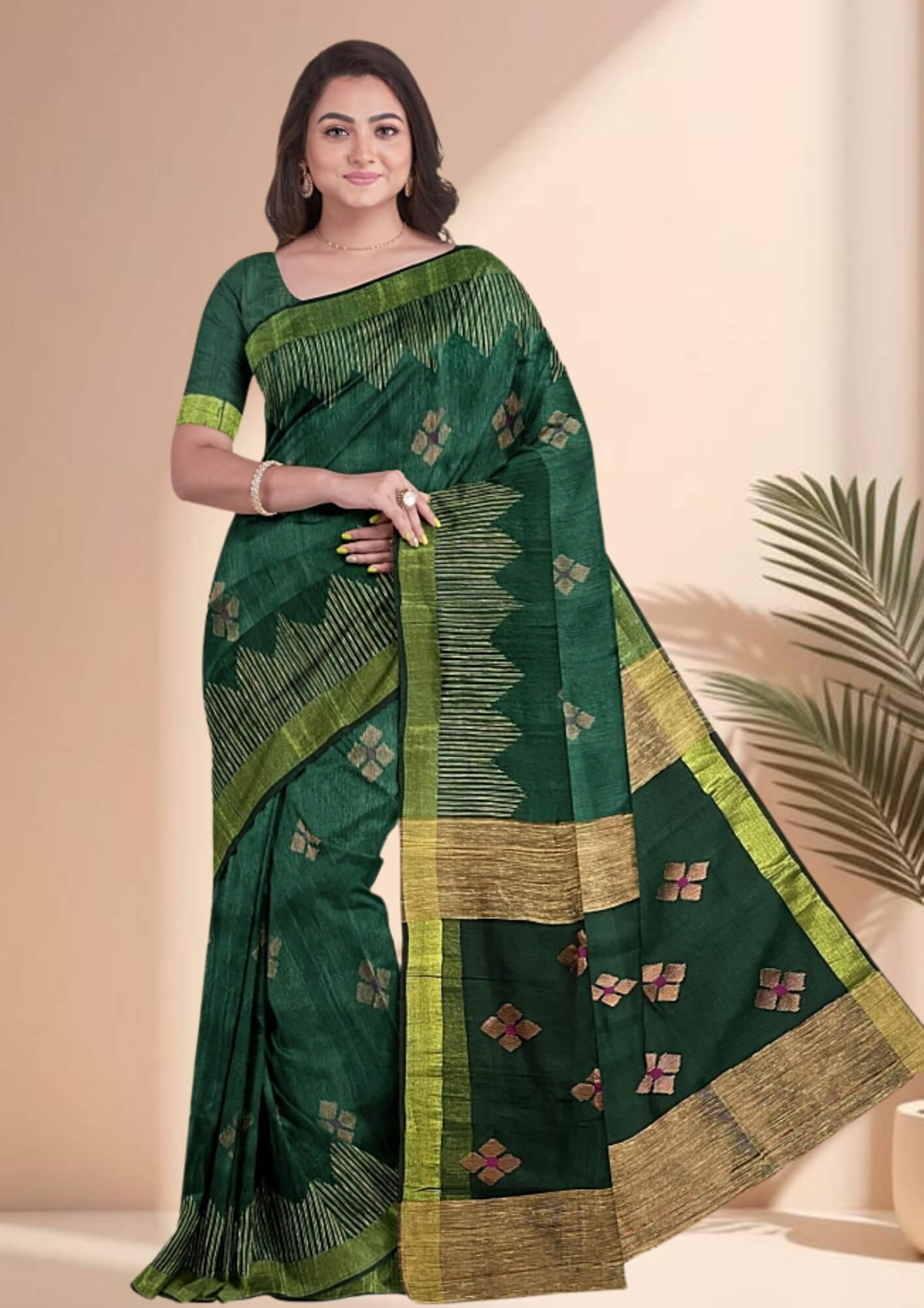 Handwoven Jamdani Soft Khadi Cotton Saree in Serene Green