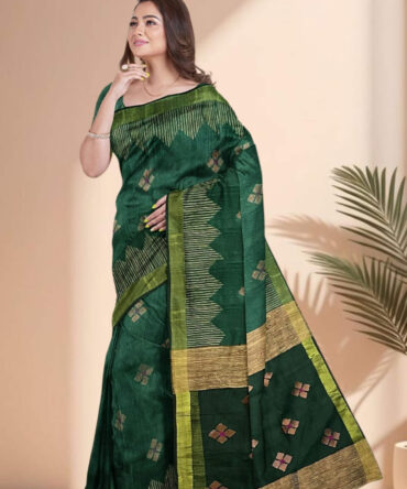 Handwoven Jamdani Soft Khadi Cotton Saree in Serene Green