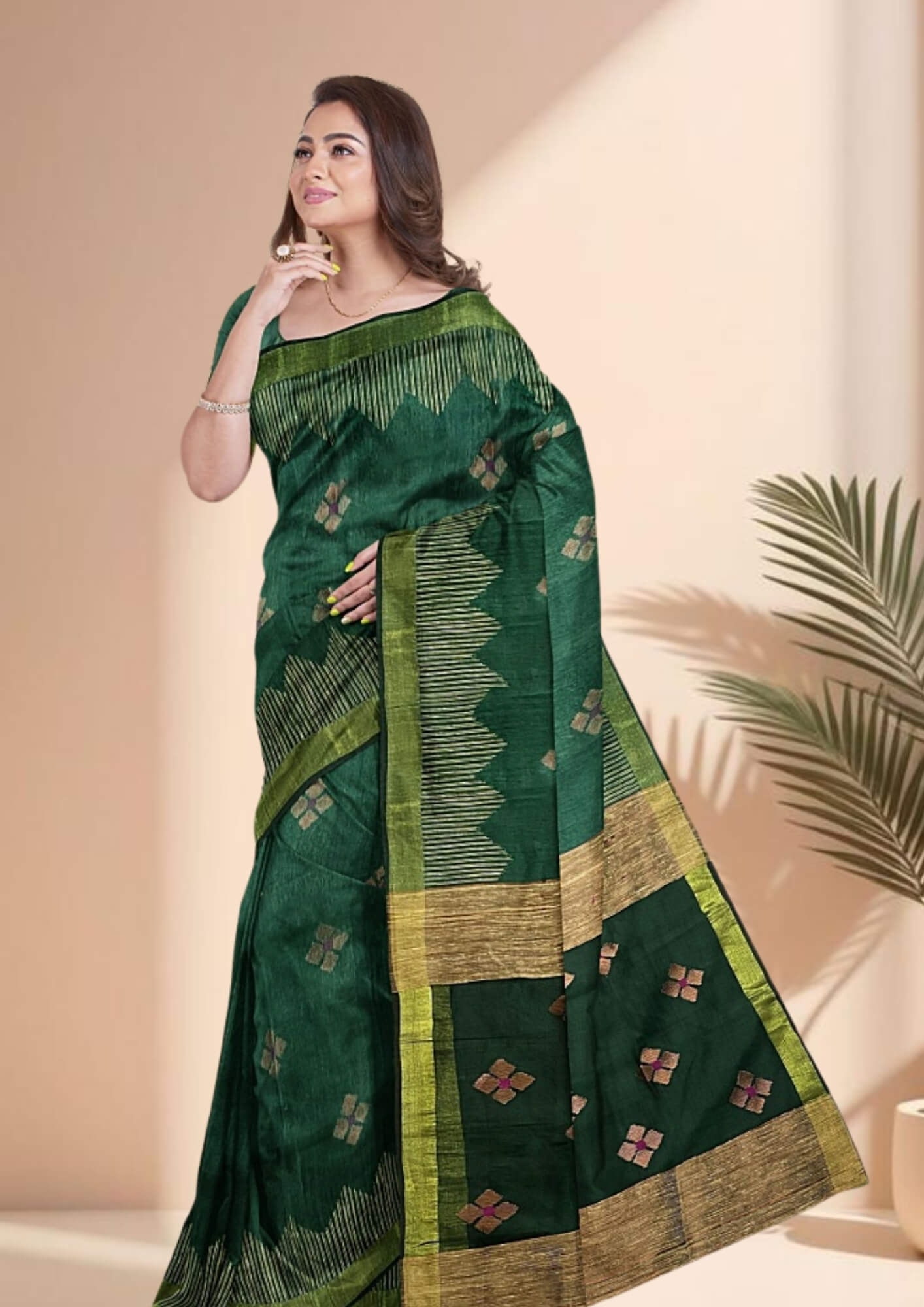 Handwoven Jamdani Soft Khadi Cotton Saree in Serene Green